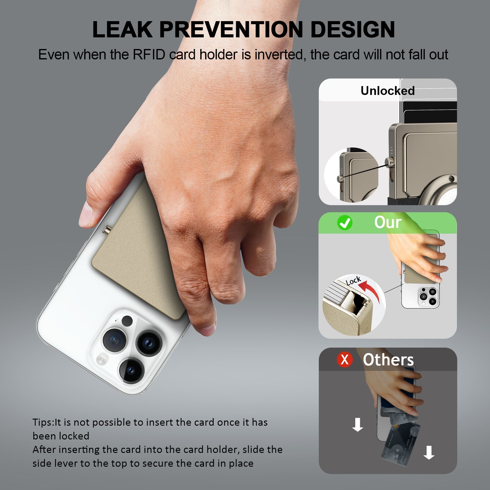 TOYFID aluminium card holder attached to phone back with feature description