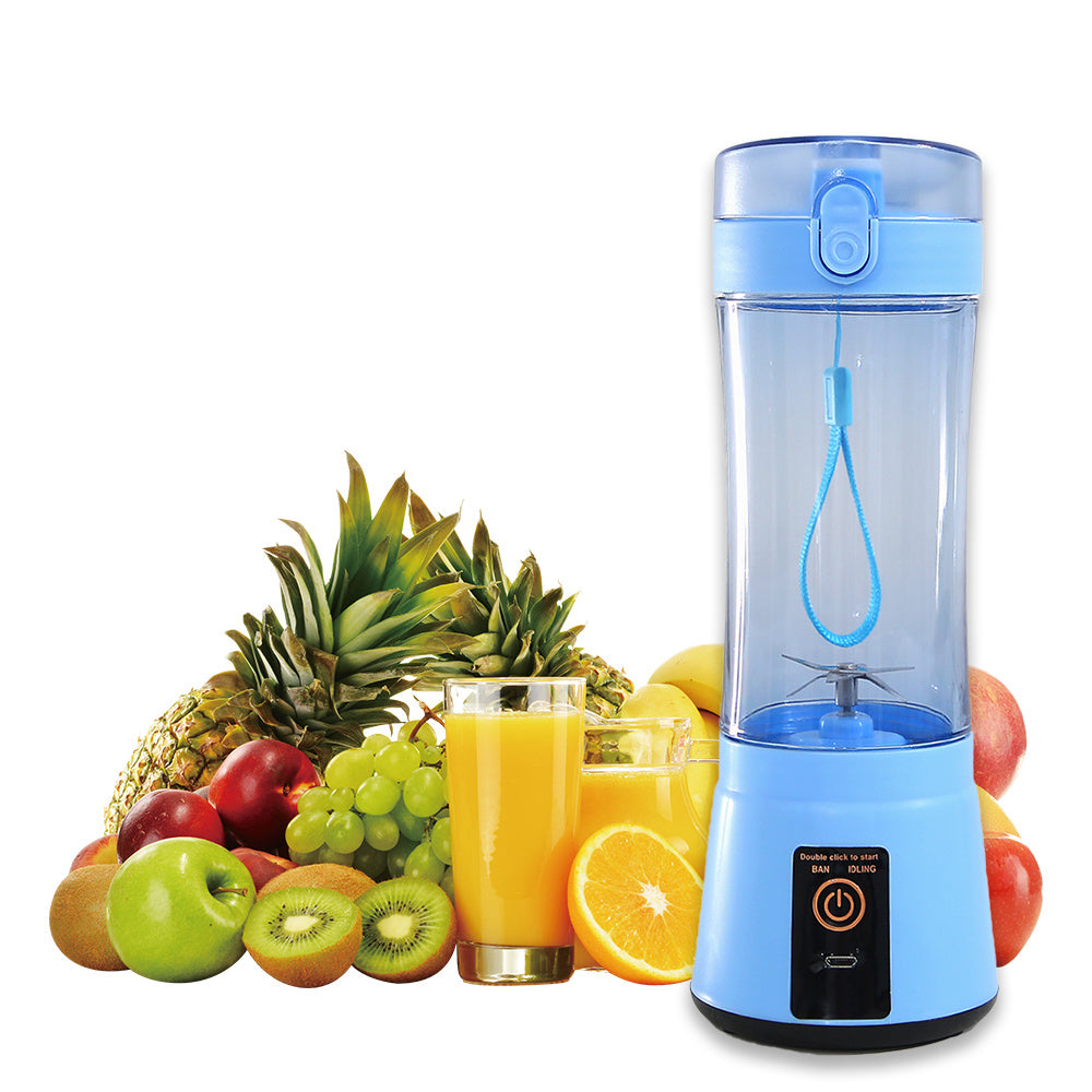 Blue portable juicer blender front view with colorful fruit background