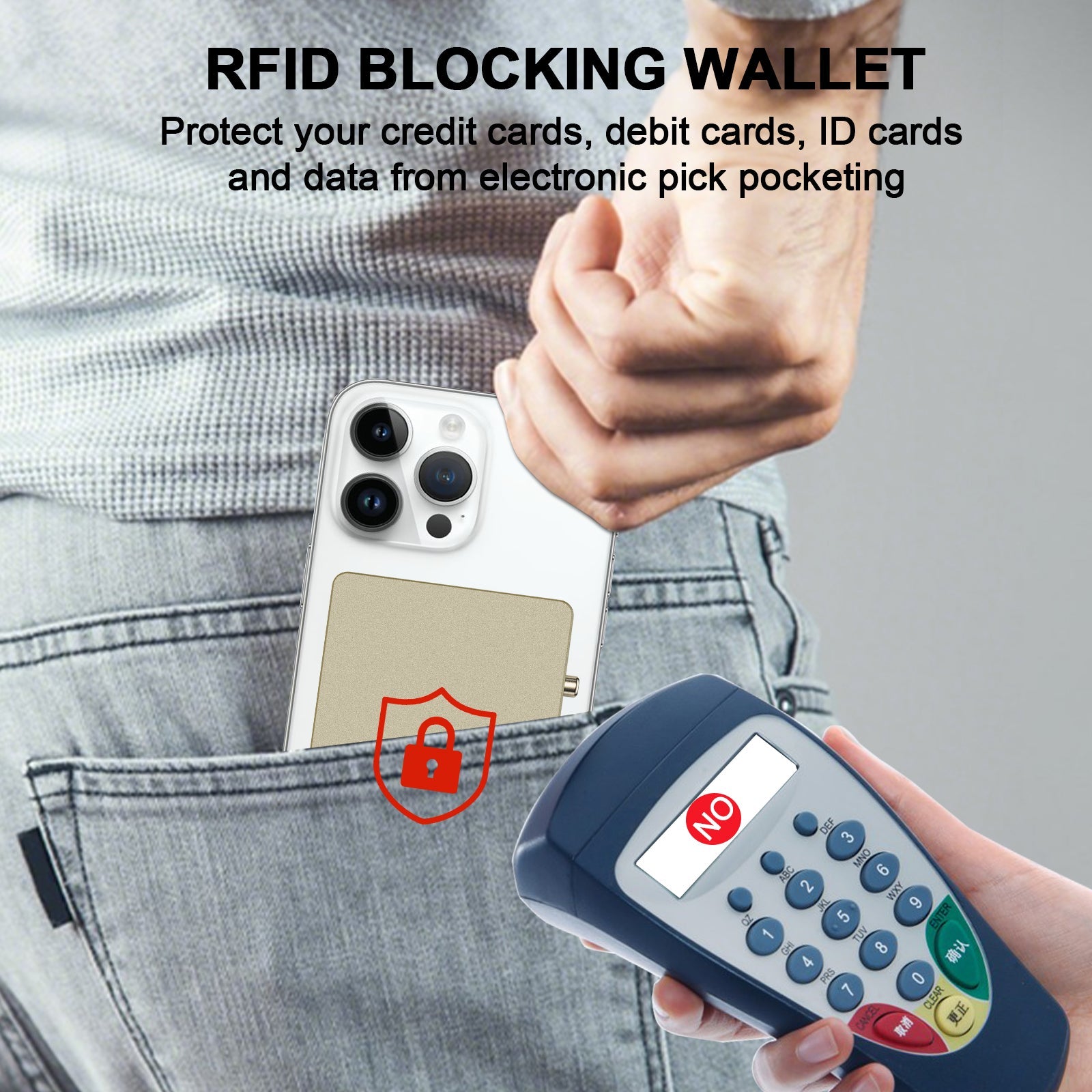 TOYFID card holder wallet being placed in pocket with usage description