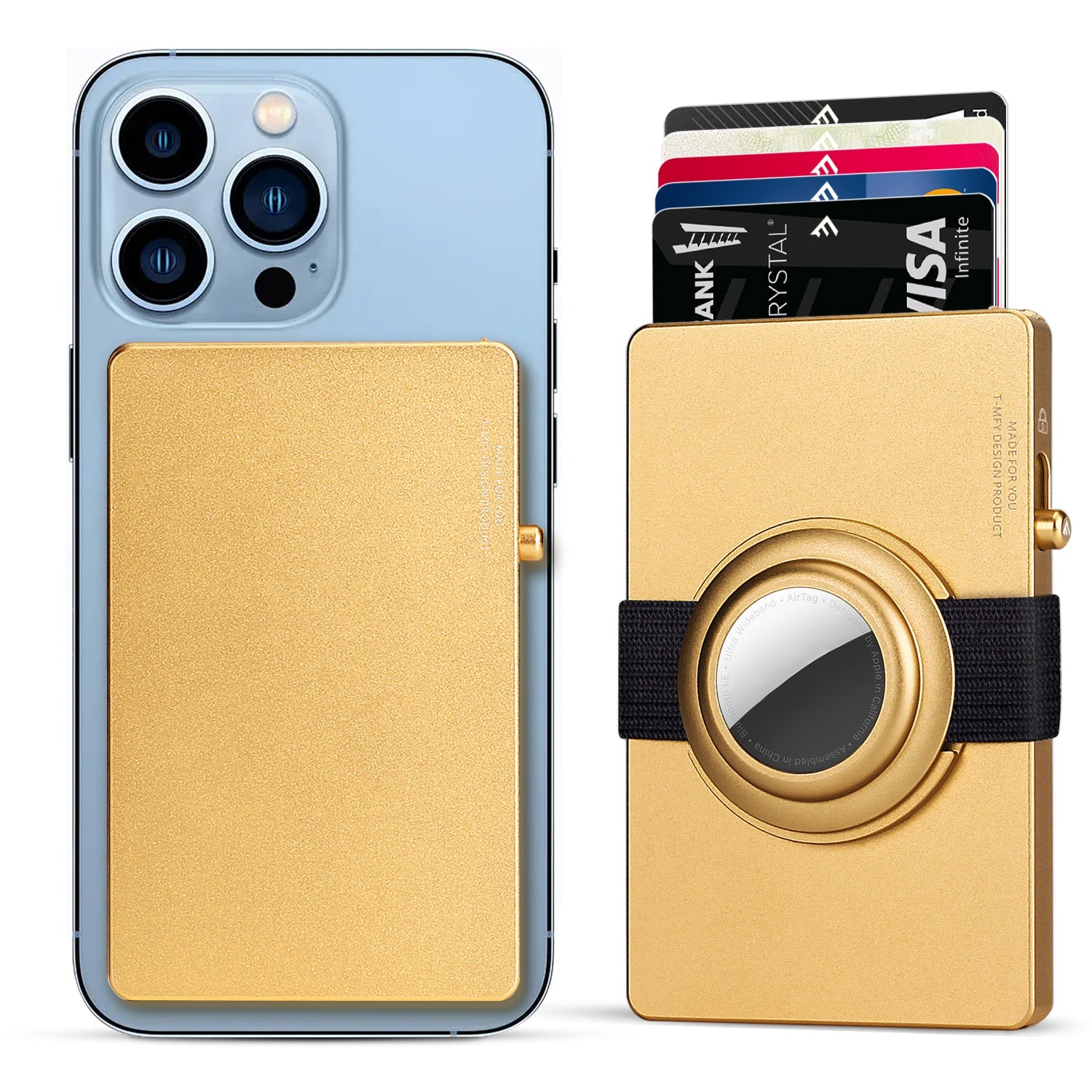 TOYFID aluminium pop up RFID card holder wallet with Air Tag holder gold