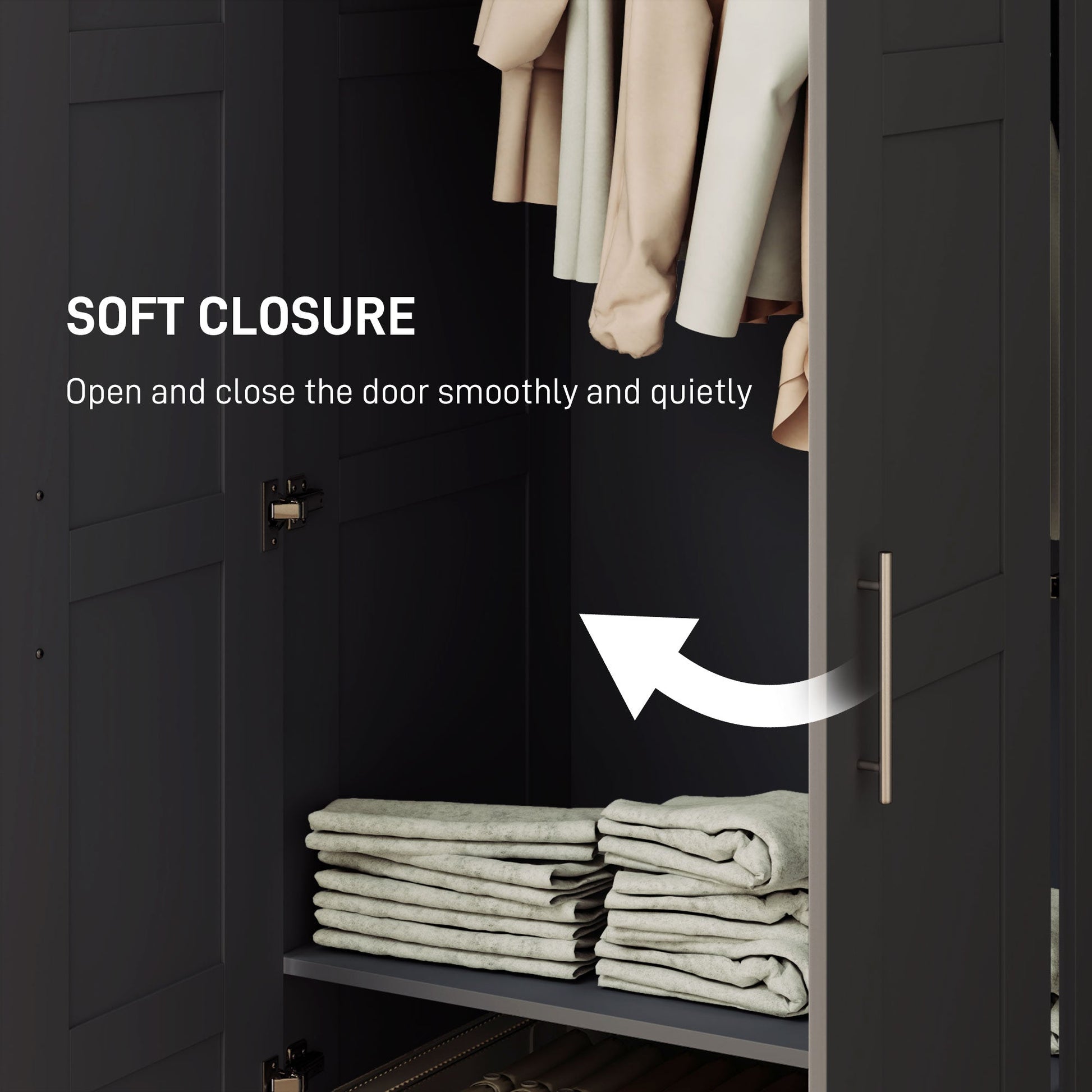 Close up detail of storage compartments in black double panelled door wardrobe