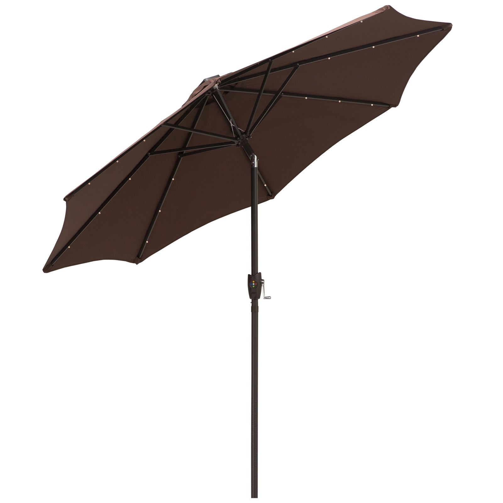 Brown coffee solar LED umbrella parasol full product view outdoor patio