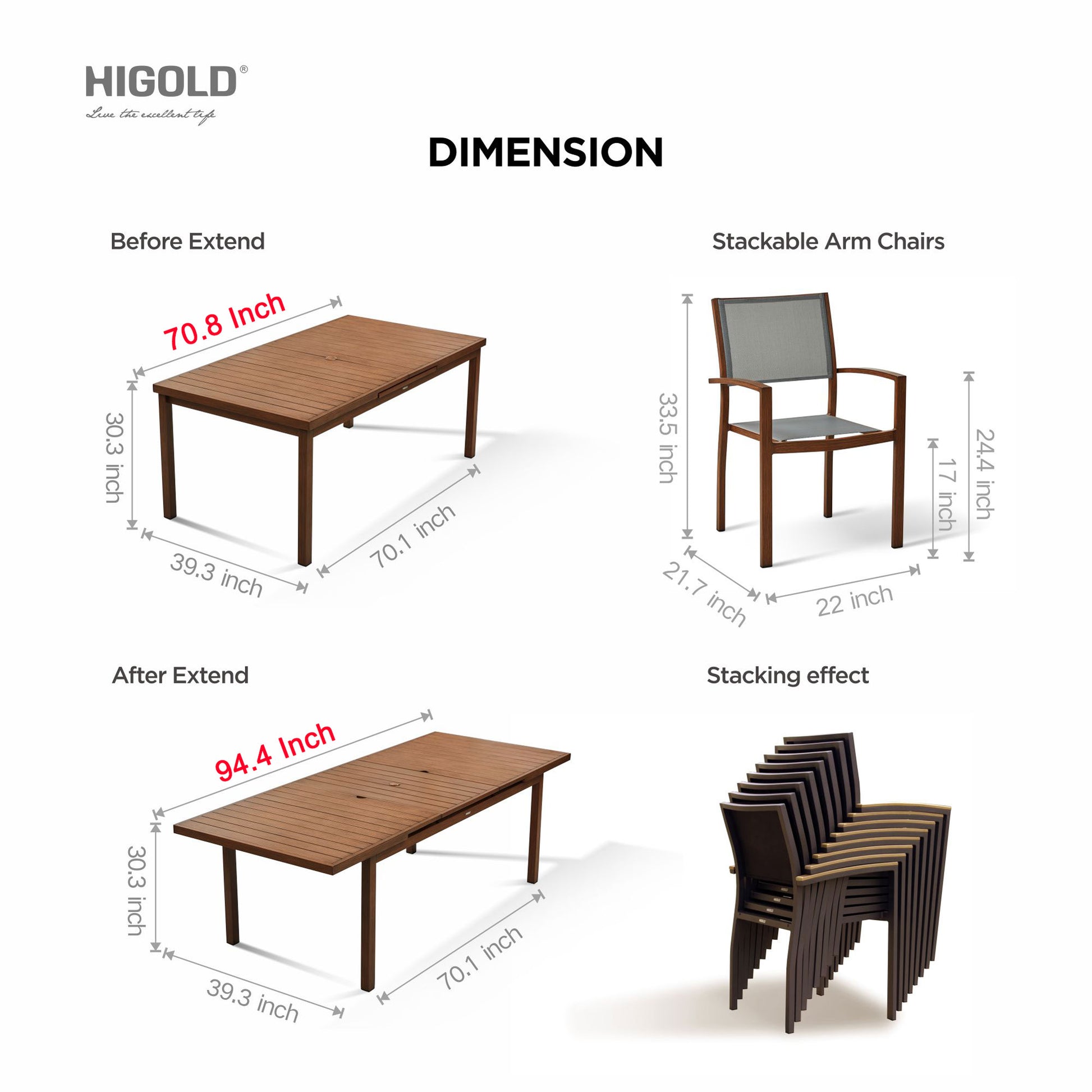 HIGOLD CARLO dining set dimensions and chair stacking specifications