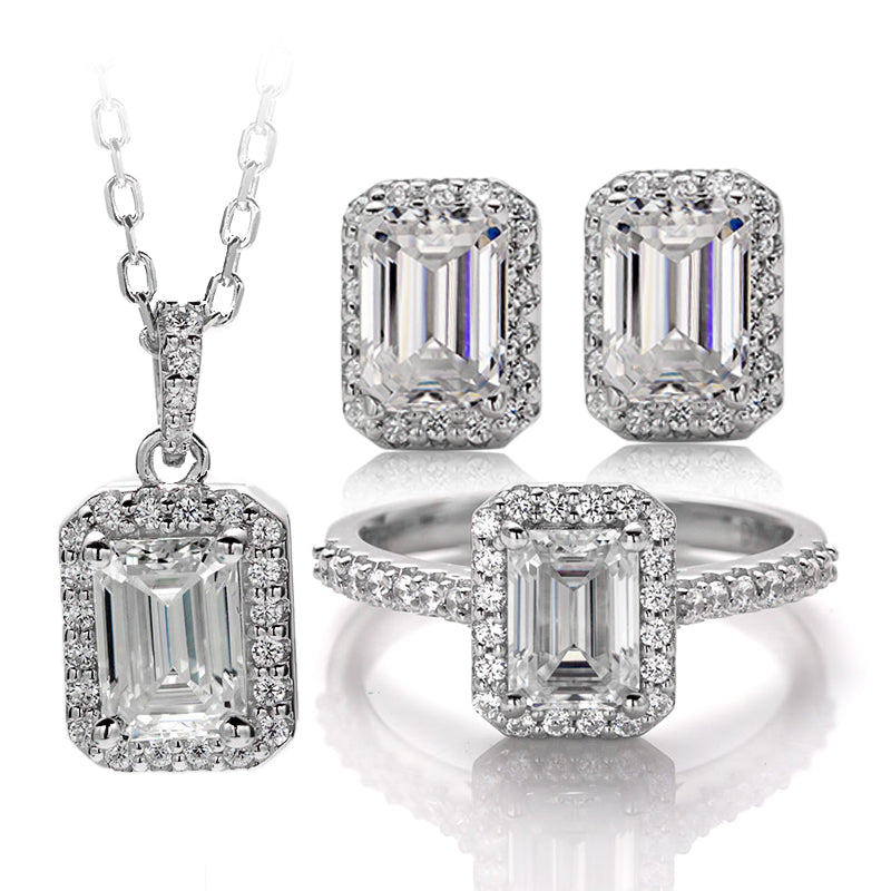 925 sterling silver women's emerald halo moissanite jewellery set luxury