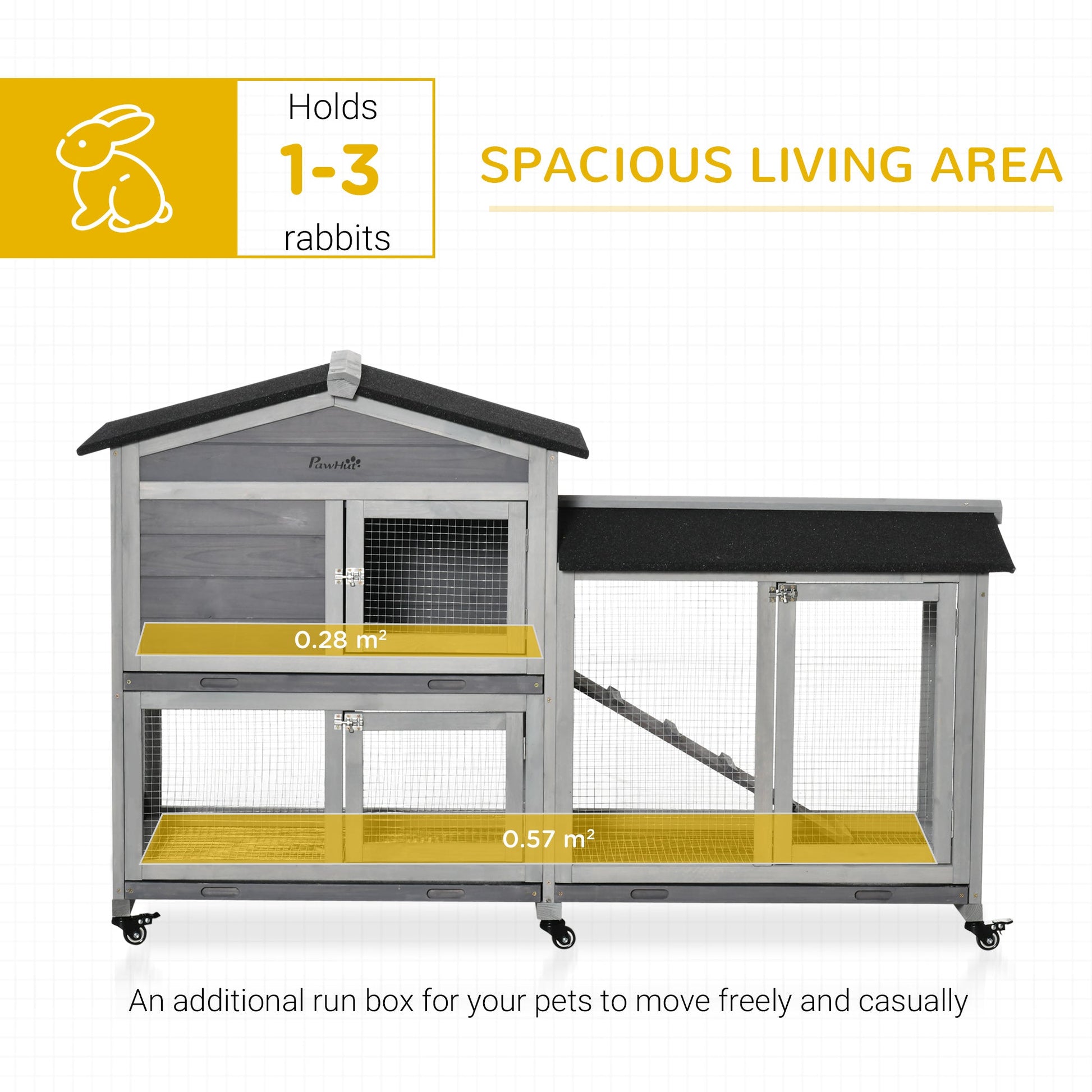 Interior view of wooden rabbit hutch showing capacity for up to 3 rabbits