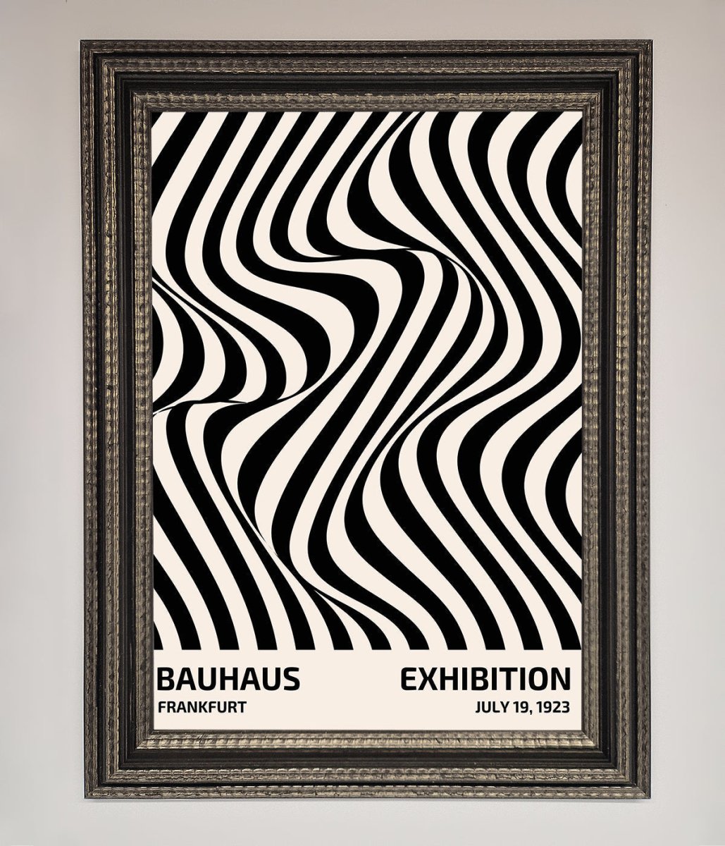 Bauhaus wavy black lines framed poster constructed wood frame ornate gold black