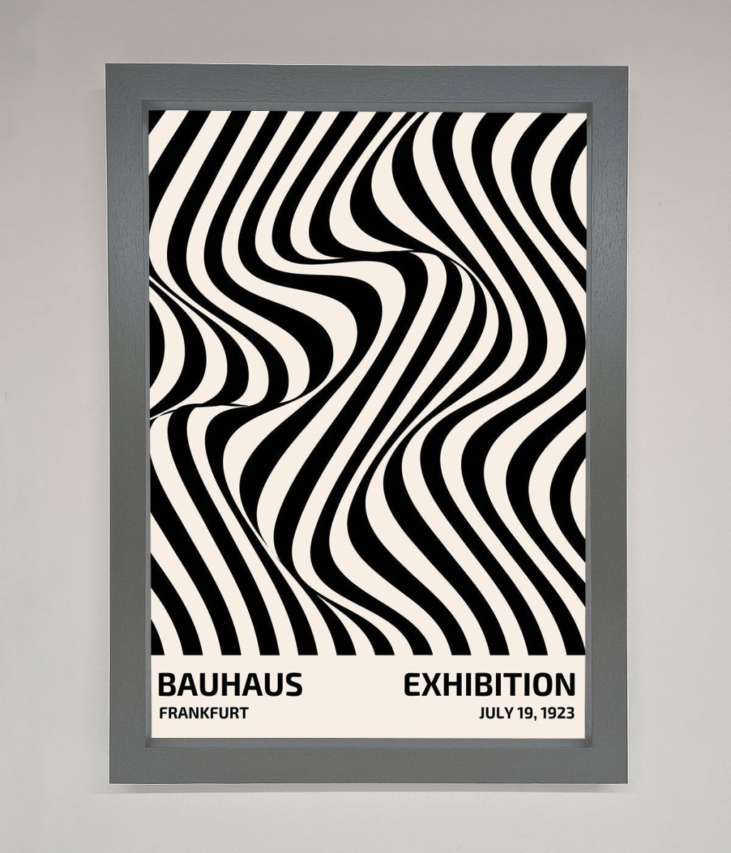 Bauhaus wavy black lines framed poster solid wood frame grey