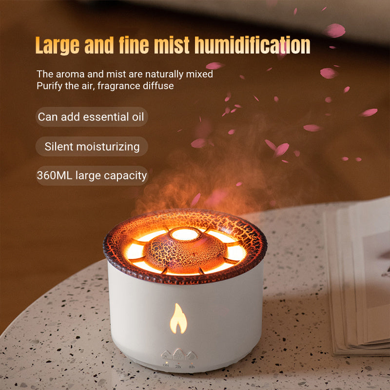 Ultrasonic essential oil humidifier volcano design front view product shot with description
