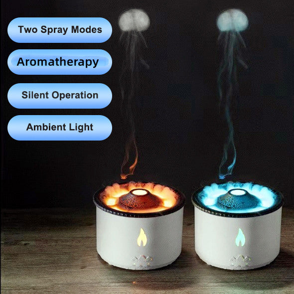 Red and blue volcano ultrasonic essential oil humidifier front view with product description