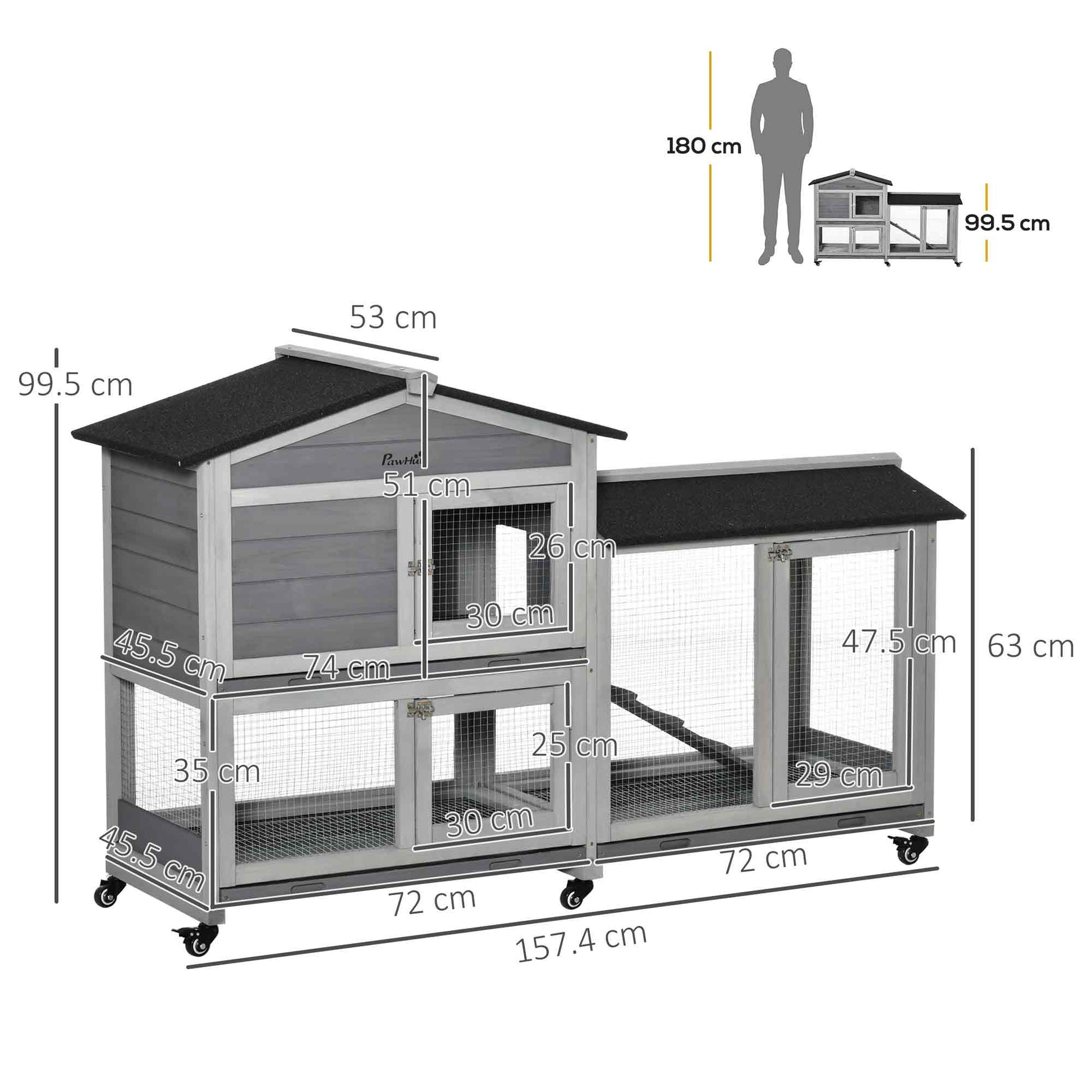 Size comparison of wooden rabbit hutch with wheels next to person showing height