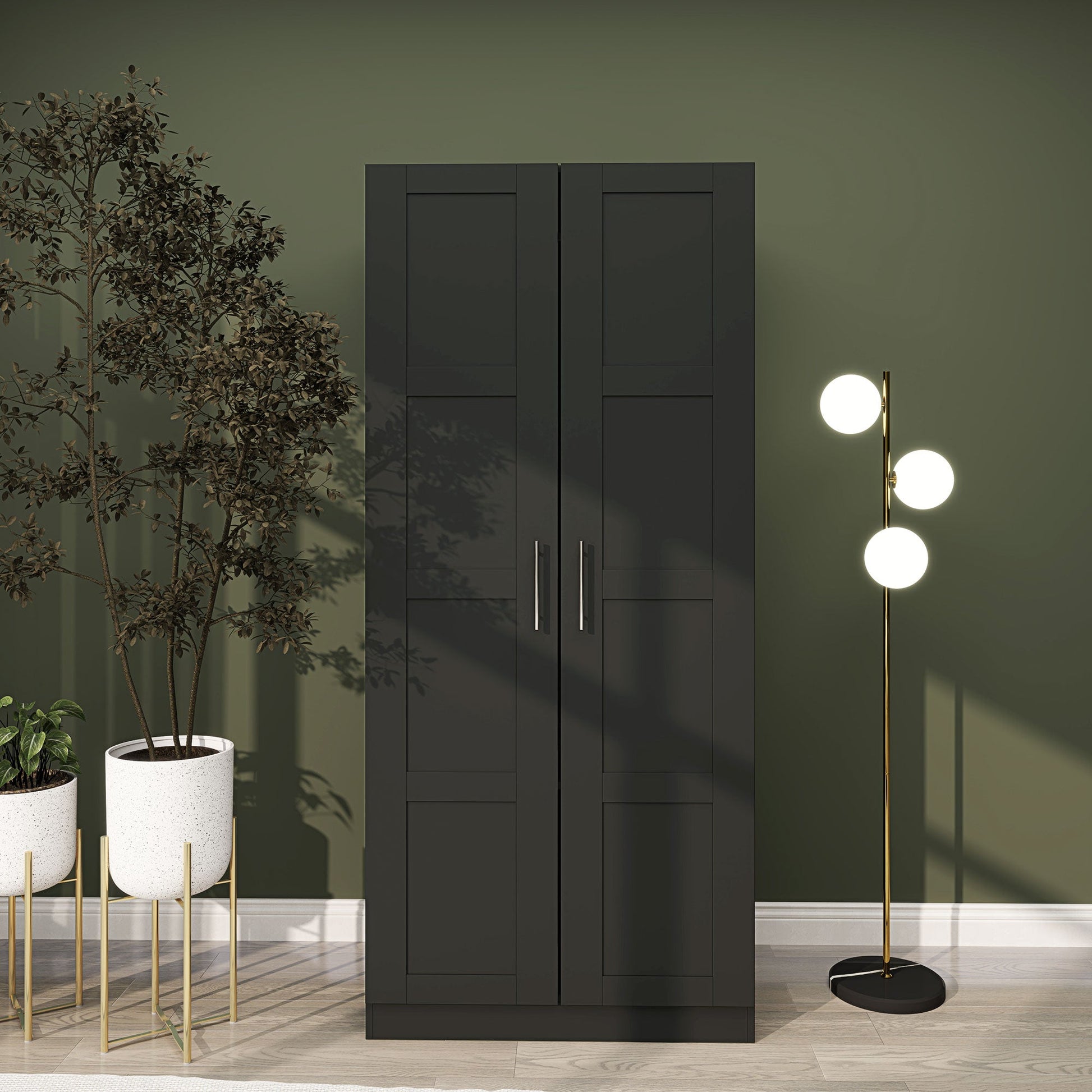Black double panelled door wardrobe with shelves front view