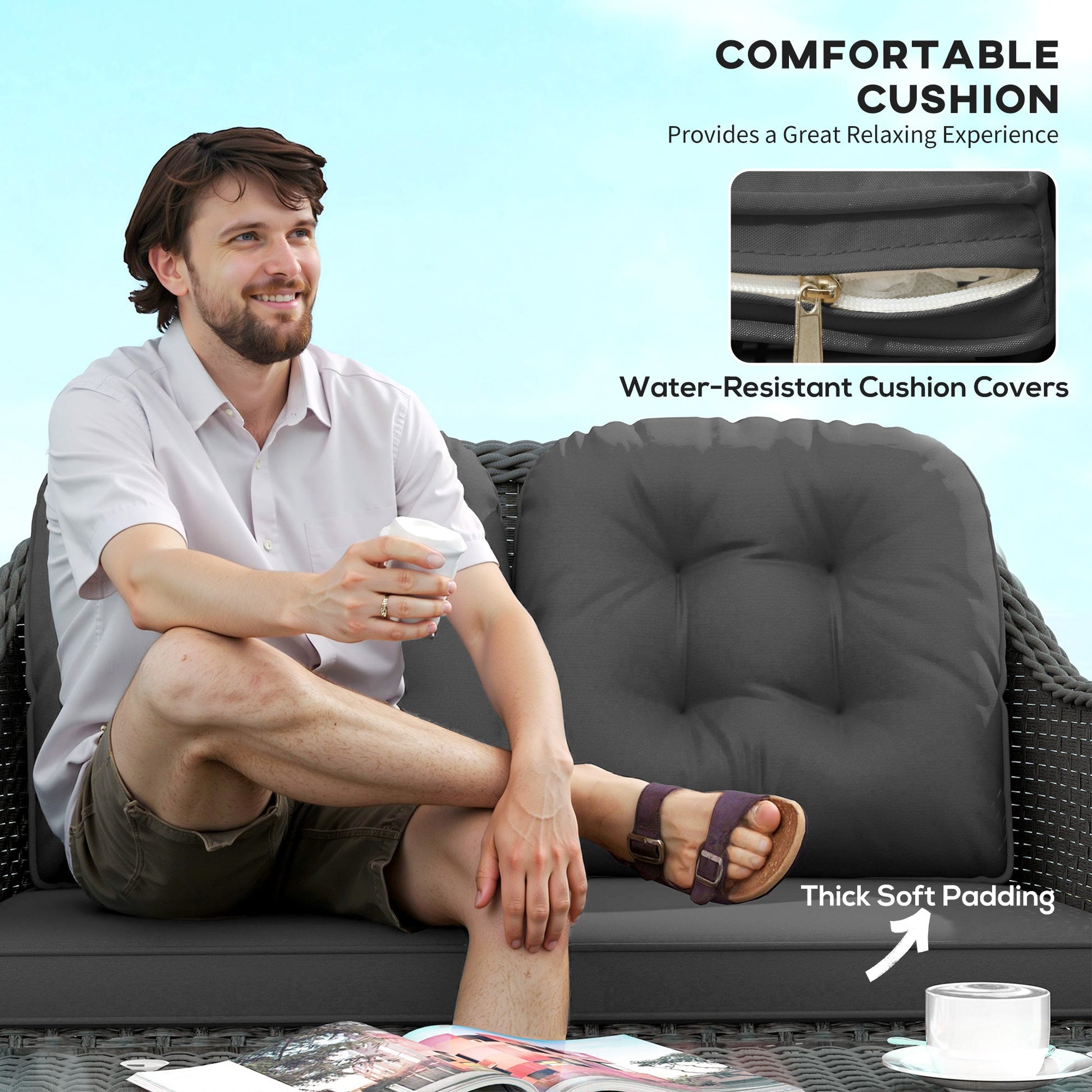 Sofa description and material specifications for light grey rattan furniture set