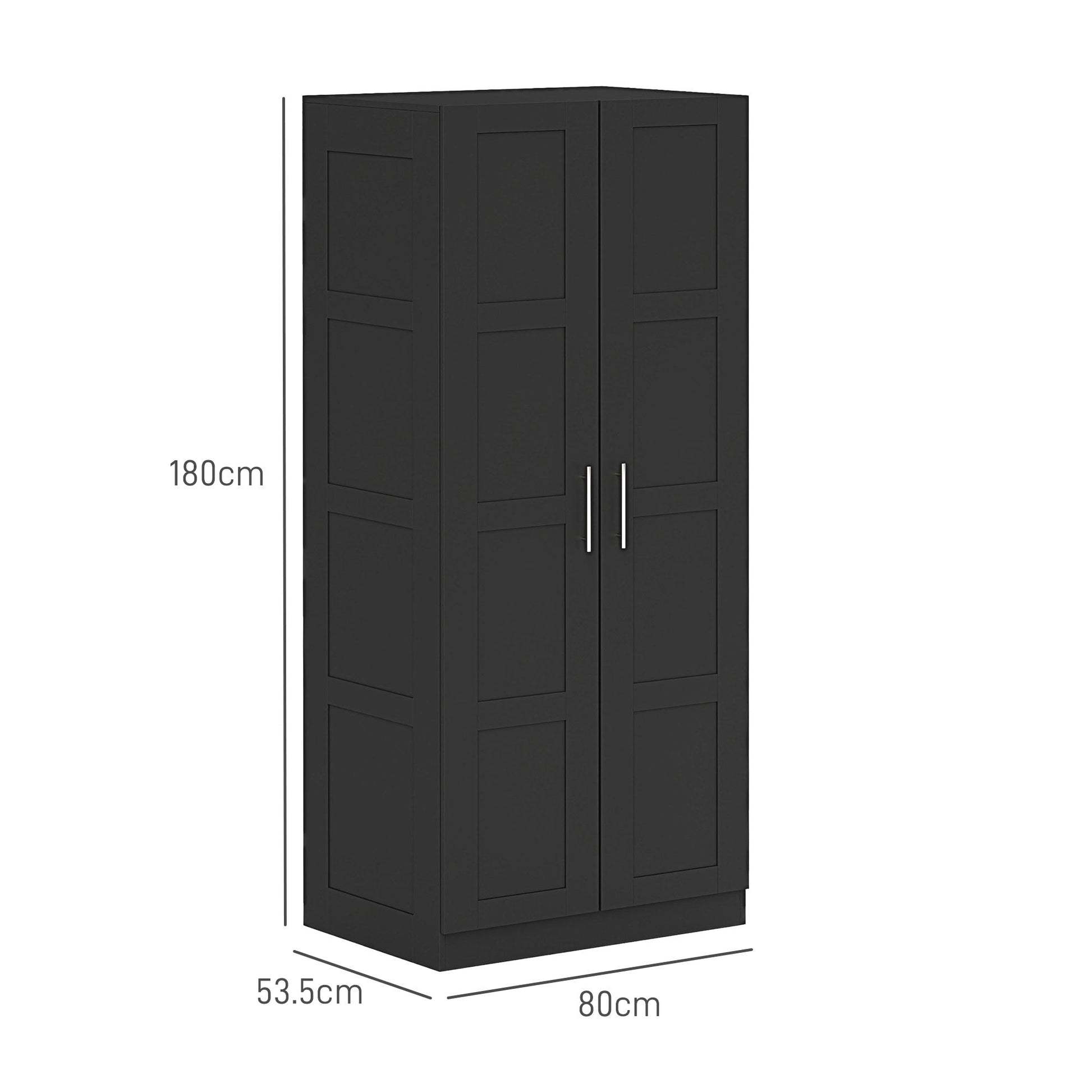 Dimensions specifications for black double panelled door wardrobe with shelves