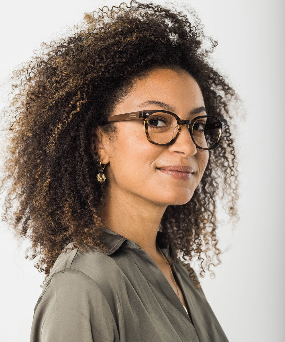 Model wearing Williston acetate and wood sunglasses brown tortoise frame front view