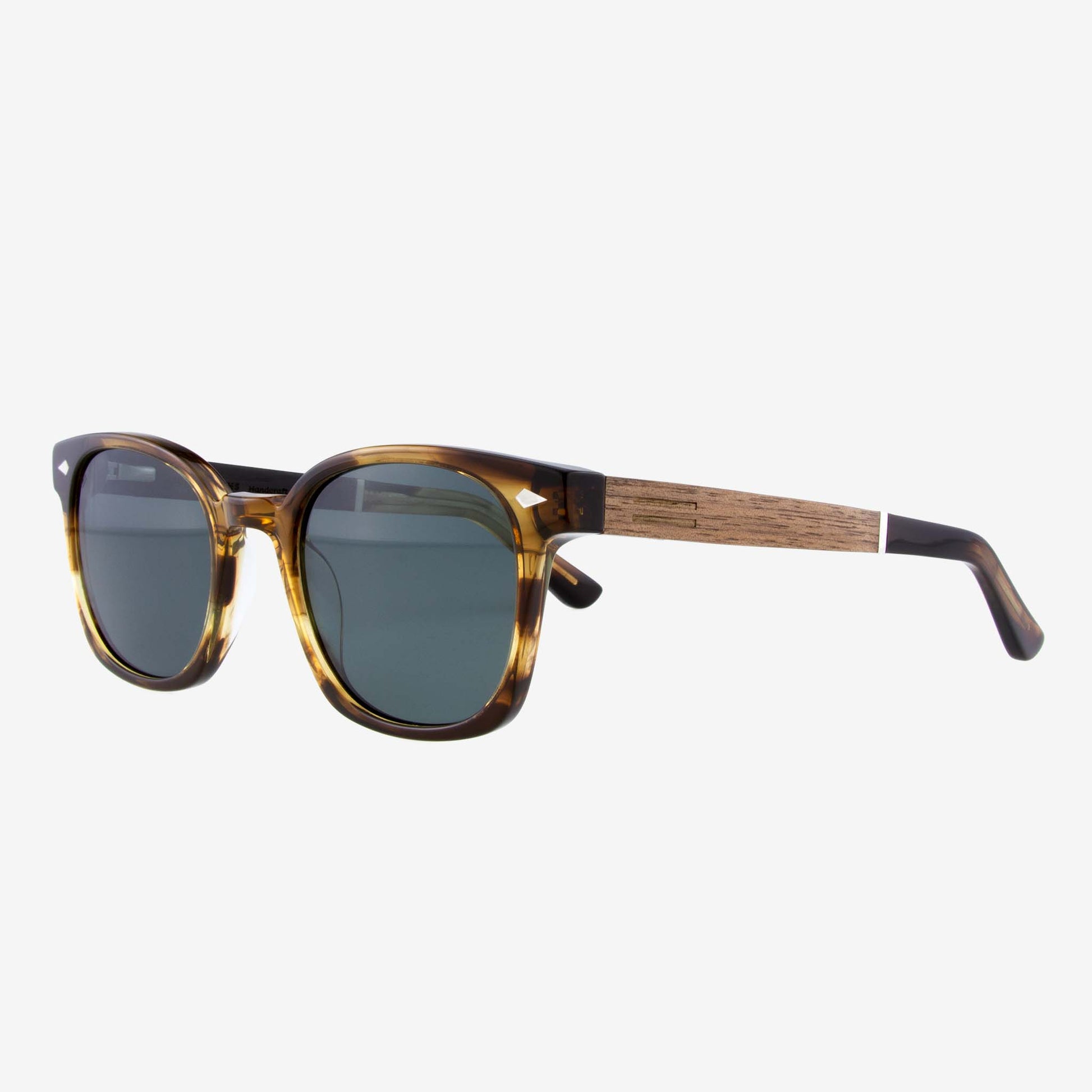 Williston acetate and wood sunglasses side view brown tortoise frame flat lay