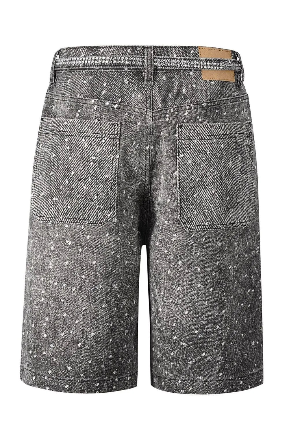 Men's washed rhinestone denim Bermuda shorts back view flat lay black wash

