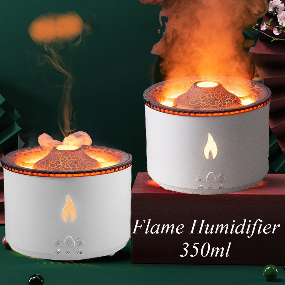Two 350ml ultrasonic essential oil humidifiers volcano design front view

