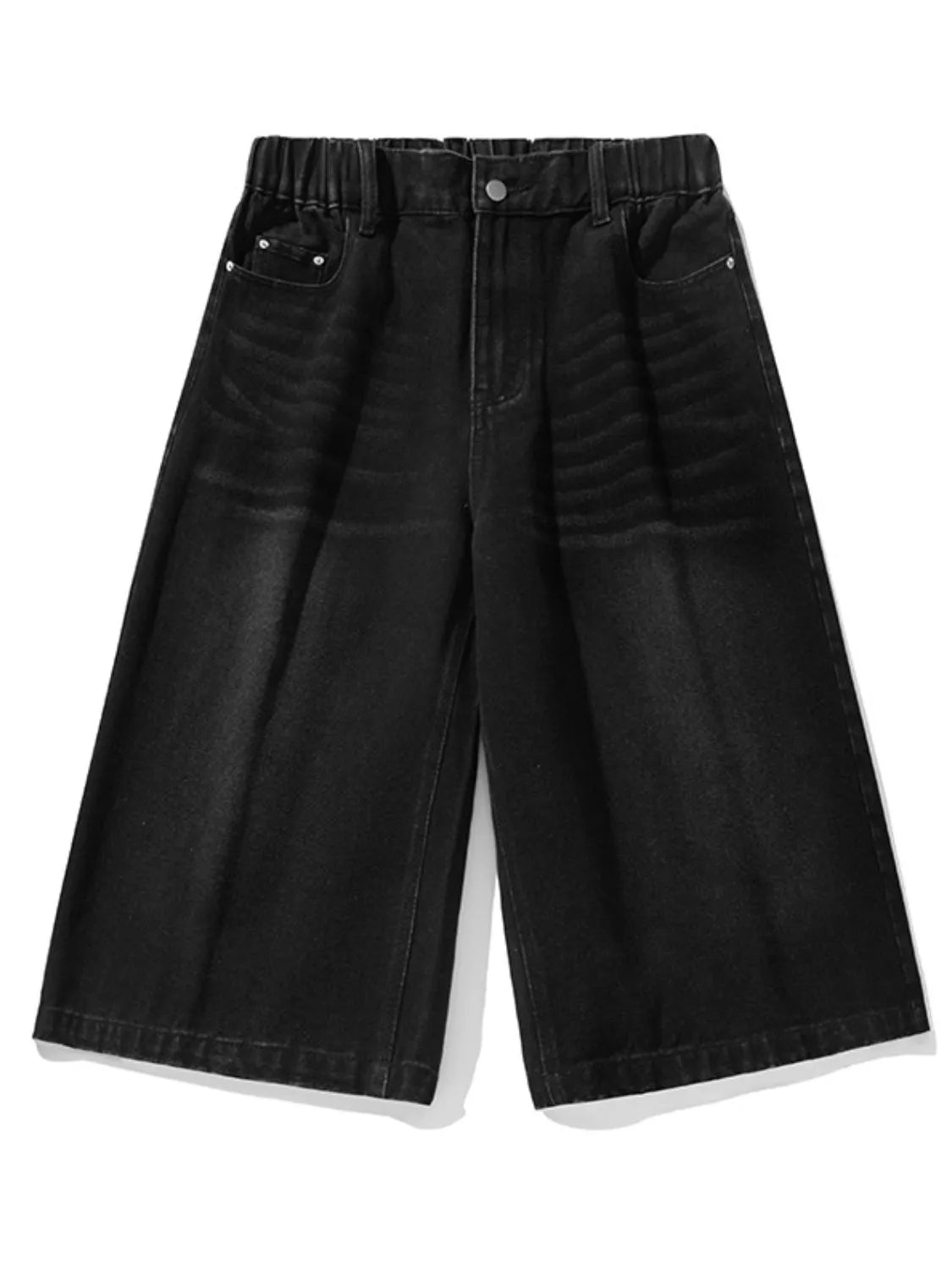 Men's plus size black denim pocketed shorts detailed front view flat lay
