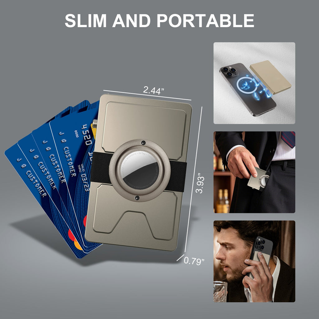 Size dimensions of TOYFID card holder with model demonstration on phone
