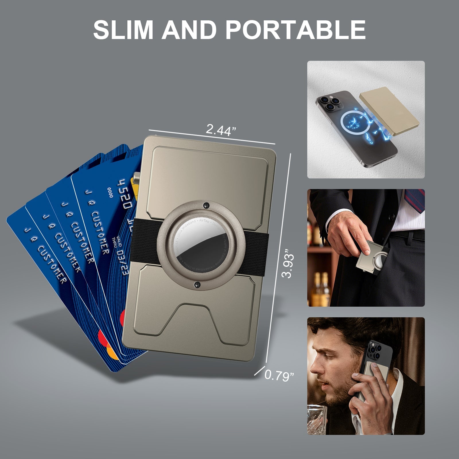 Size dimensions of TOYFID card holder with model demonstration on phone
