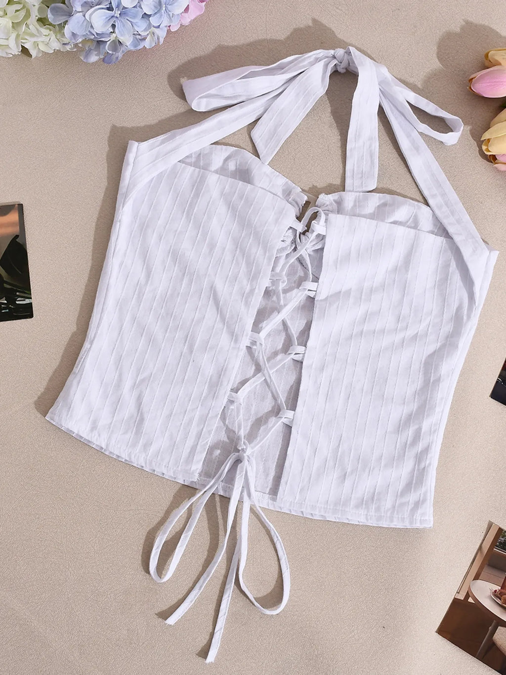 Halter neck cami top white detailed back view product shot
