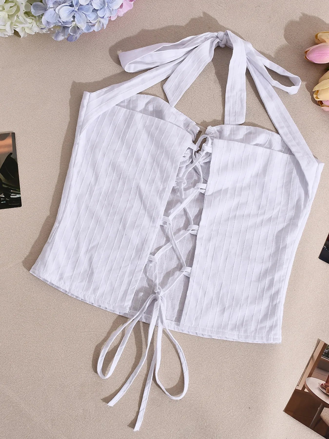 Halter neck cami top white detailed back view product shot
