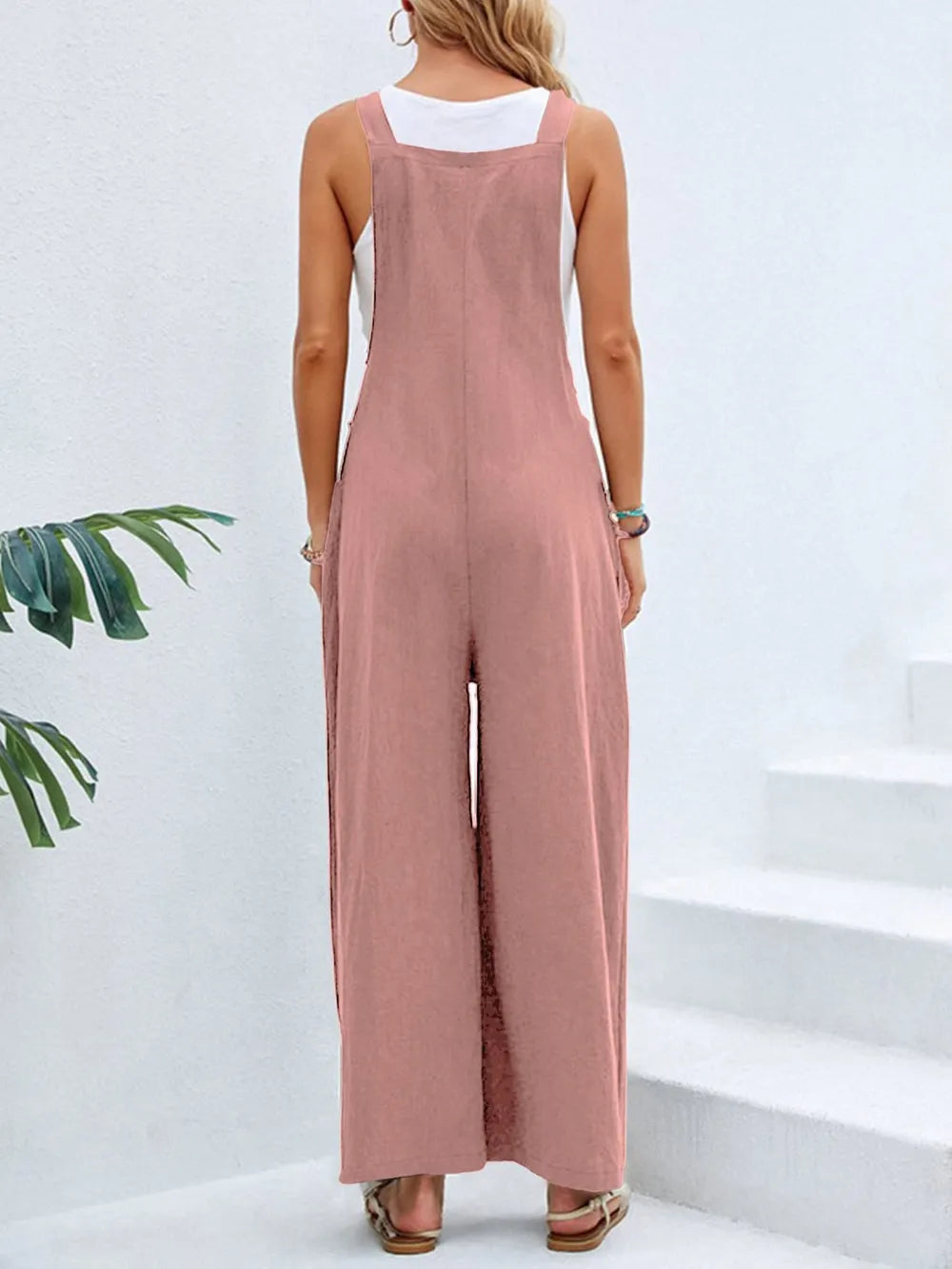 Dusty pink square neck wide strap overalls back view

