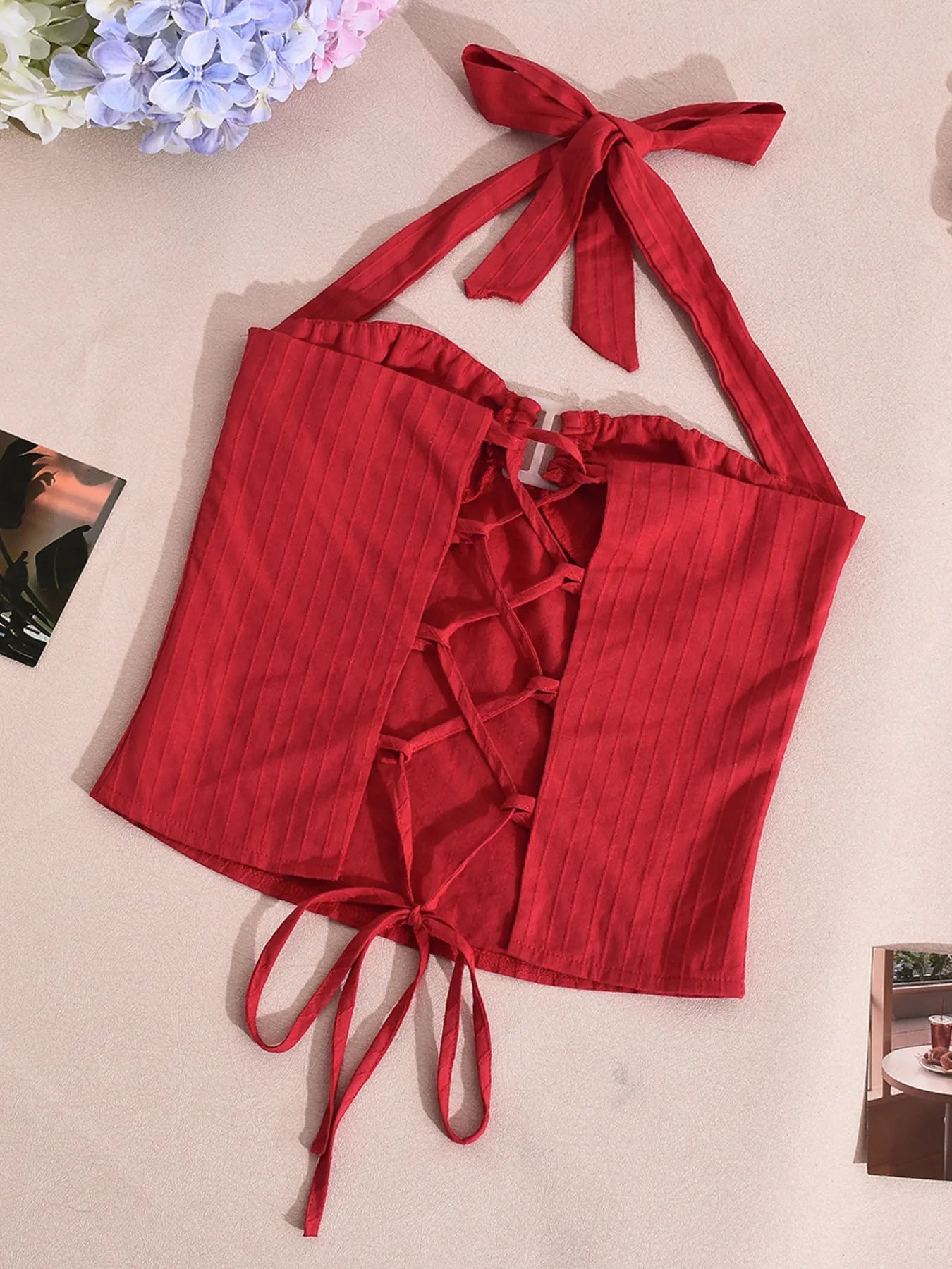 Halter neck cami top deep red detailed back view product shot
