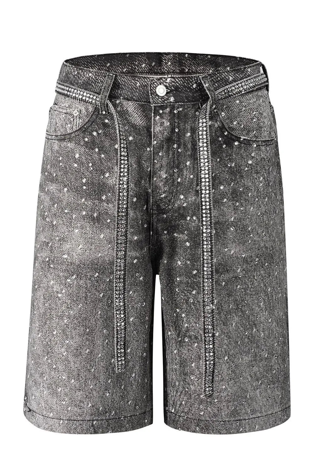 Men's washed rhinestone denim Bermuda shorts front view flat lay black wash
