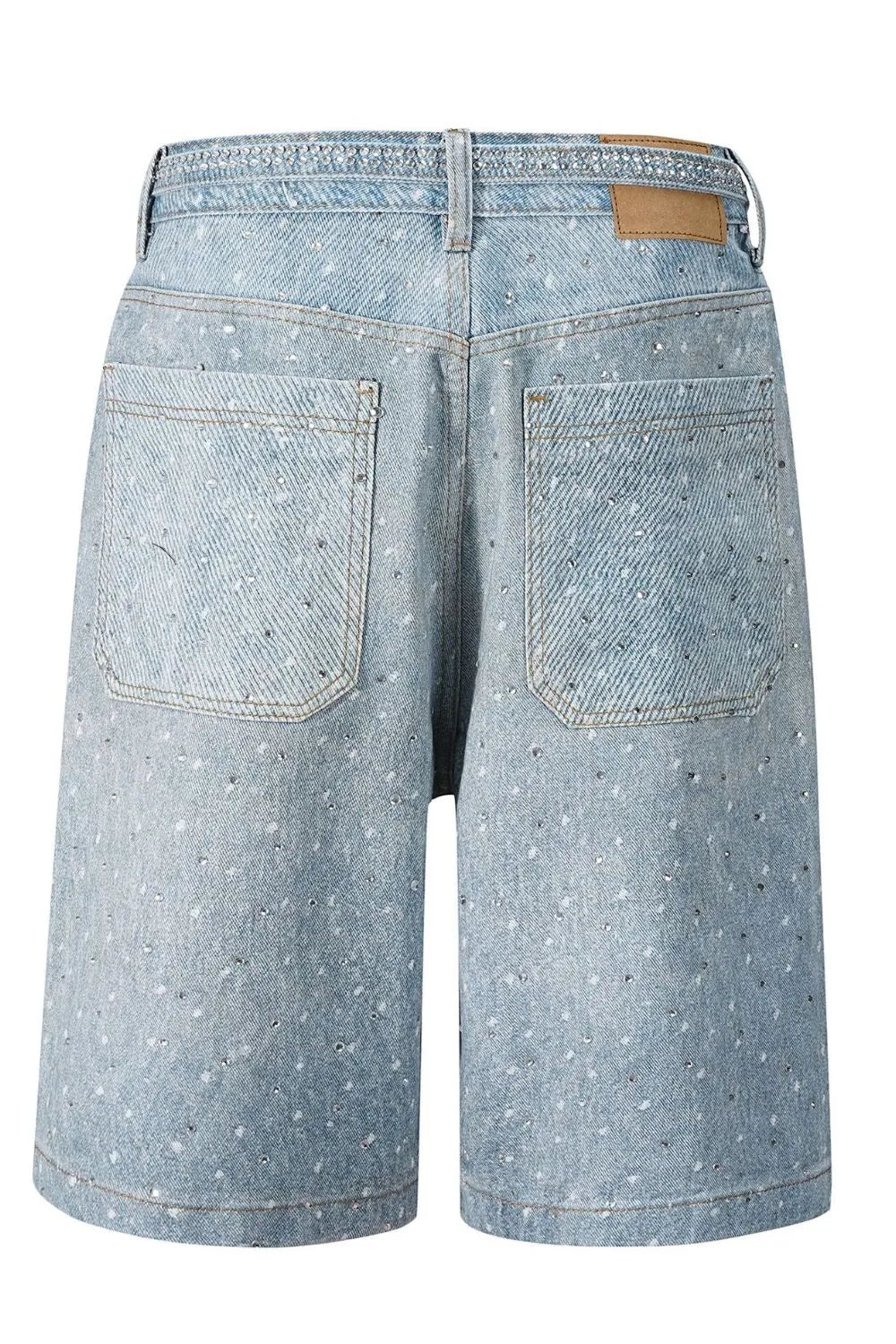 Men's washed rhinestone denim bermuda shorts back view flat lay blue denim
