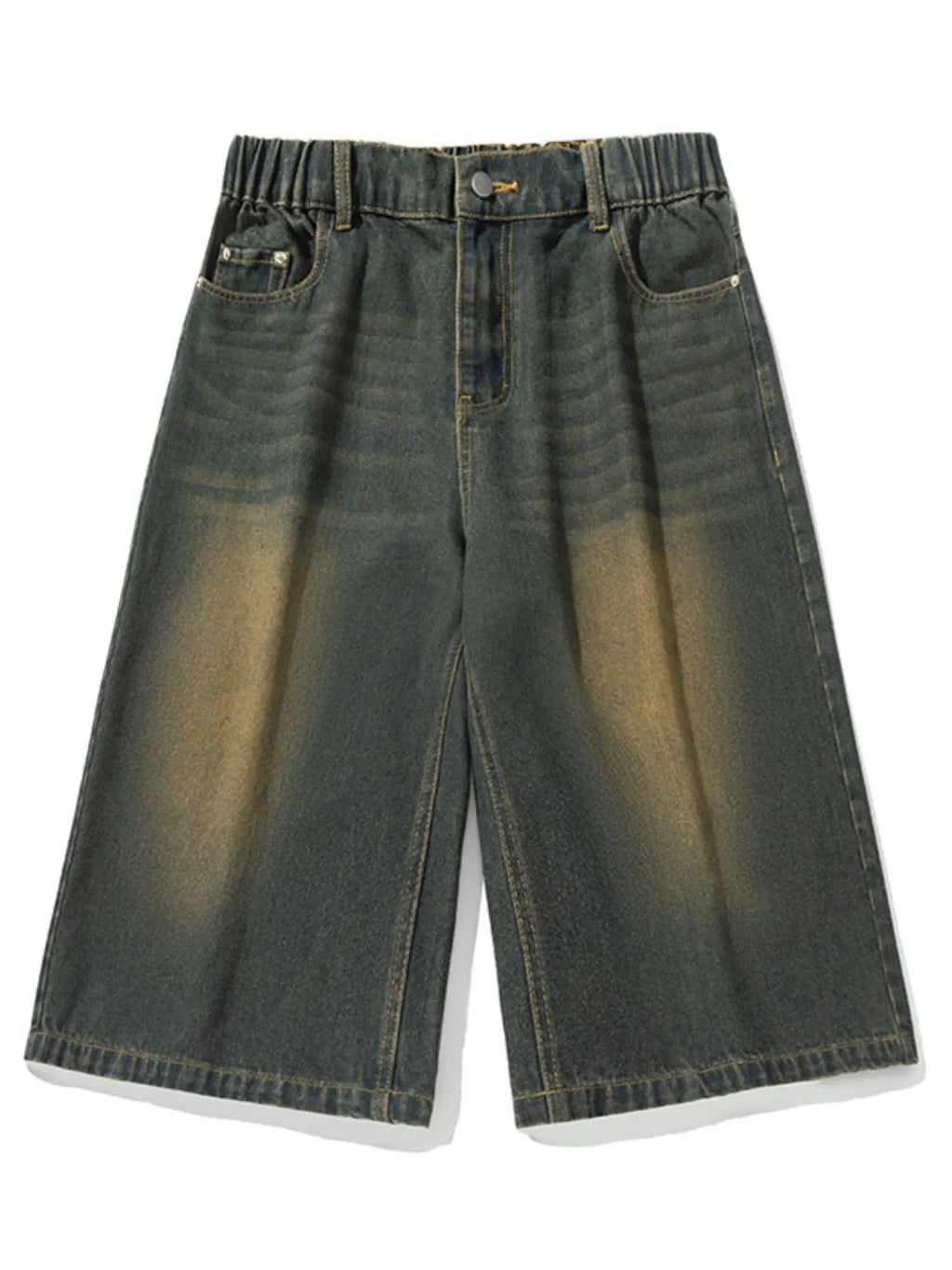 Men's plus size washed denim pocketed shorts detailed front view flat lay
