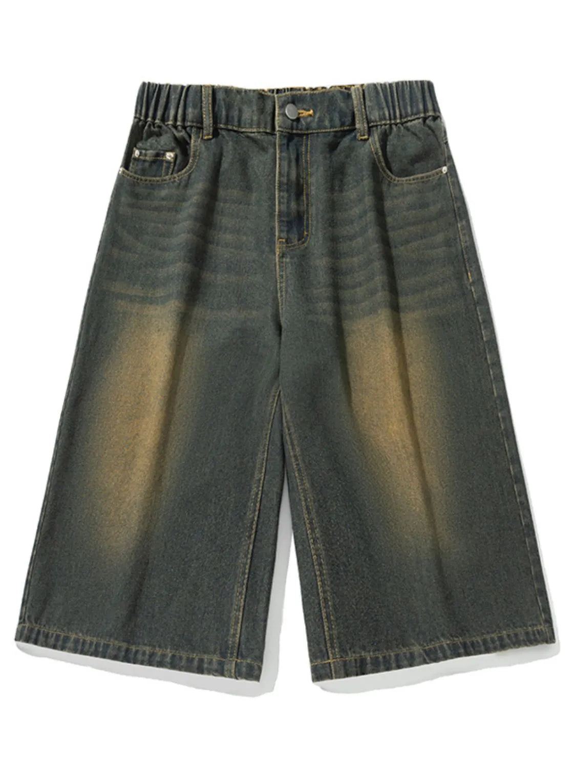 Men's plus size washed denim pocketed shorts detailed front view flat lay

