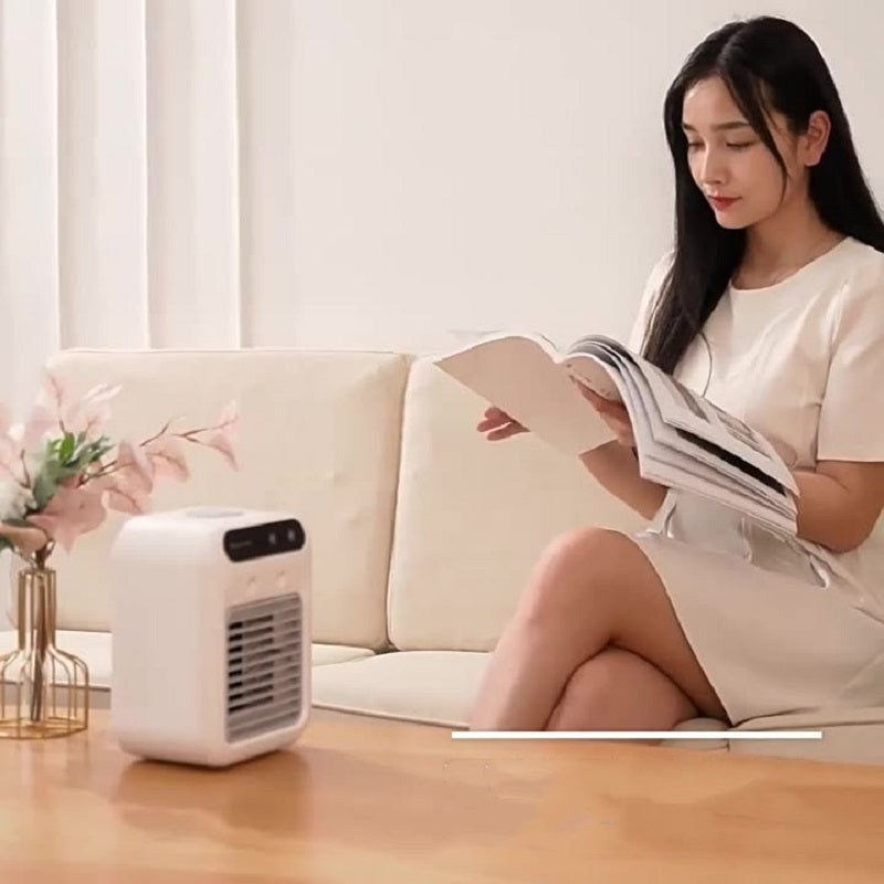 Model using portable air conditioner water cooling fan lifestyle shot
