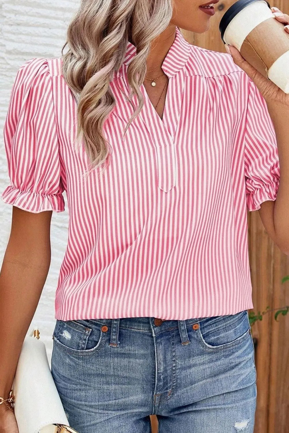 Detailed front view stripe notched neck puff sleeve blouse
