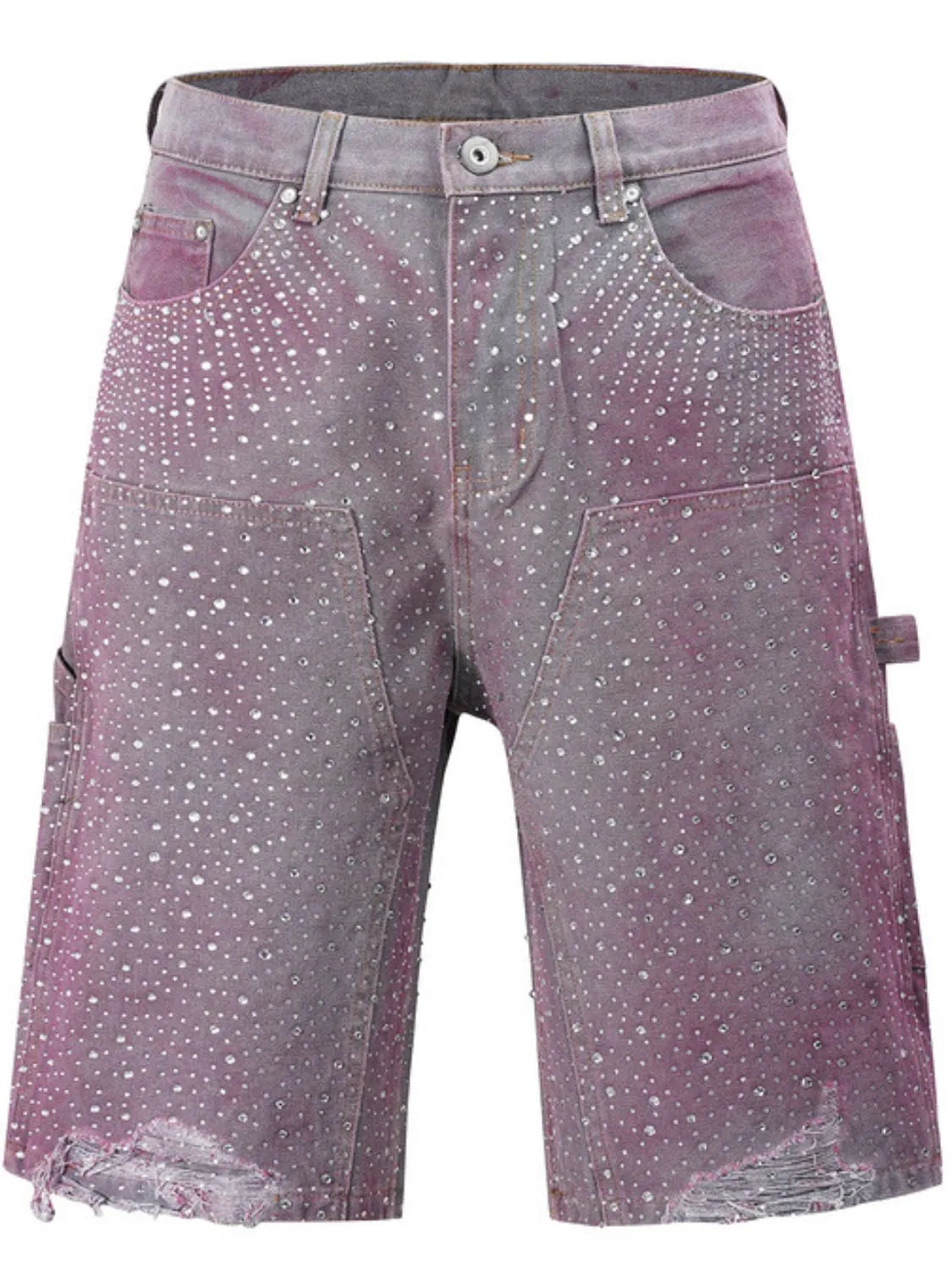 Men's fuchsia pink rhinestone shorts with pockets detailed front view flat lay
