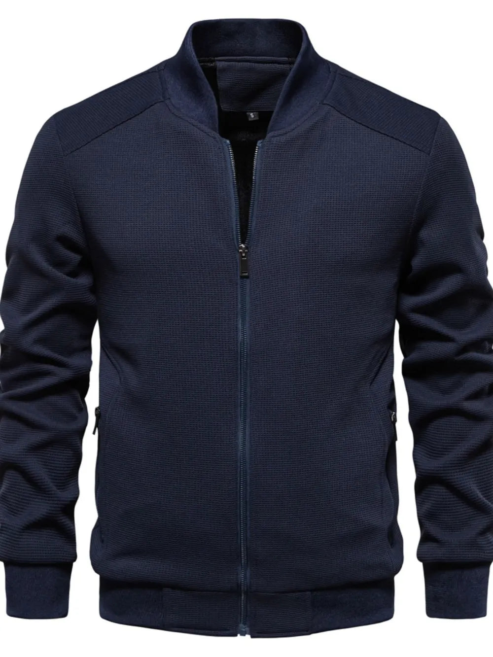 Men's waffle knit baseball collar zip jacket navy blue front view
