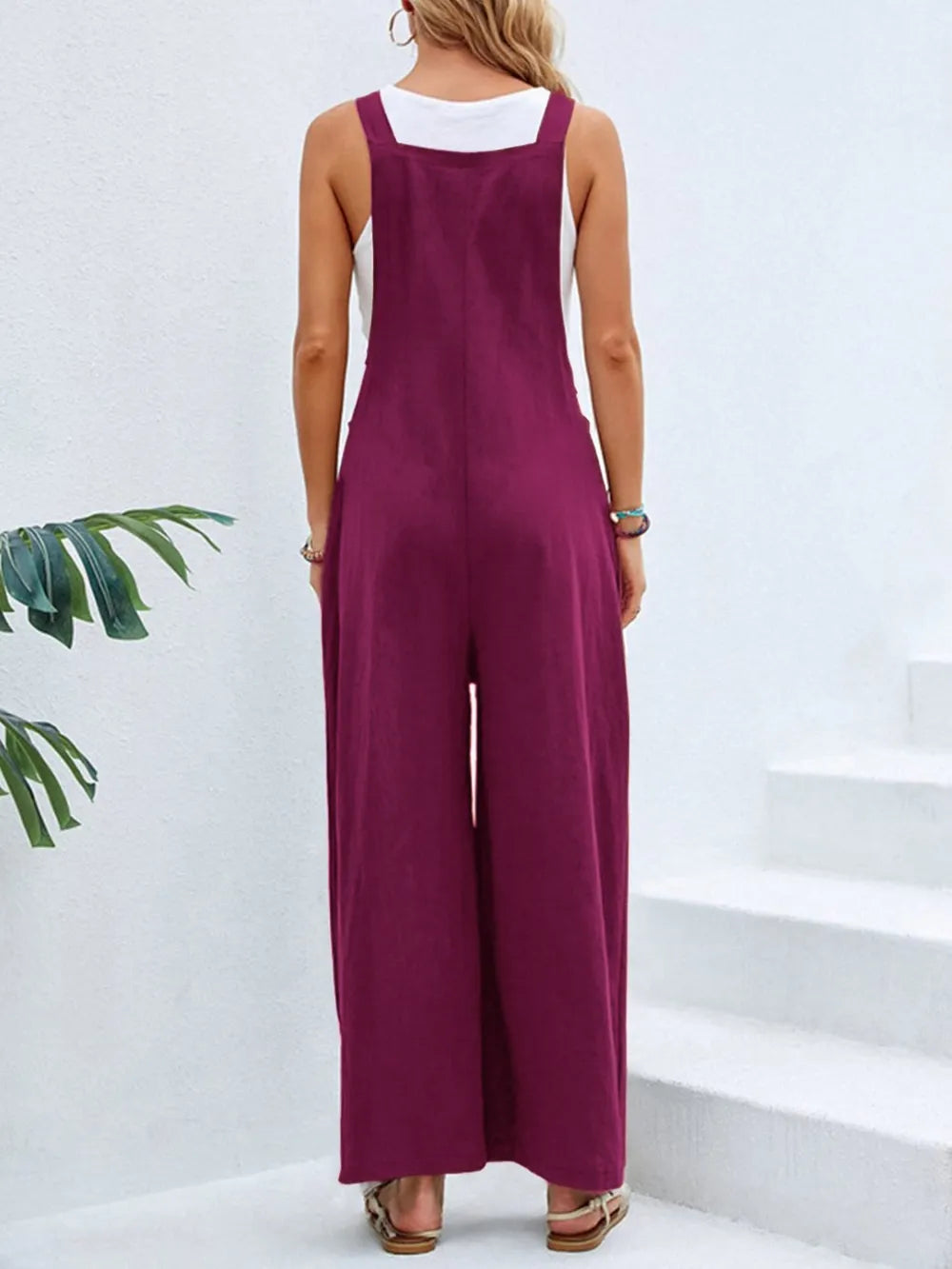 Burgundy square neck wide strap overalls back view
