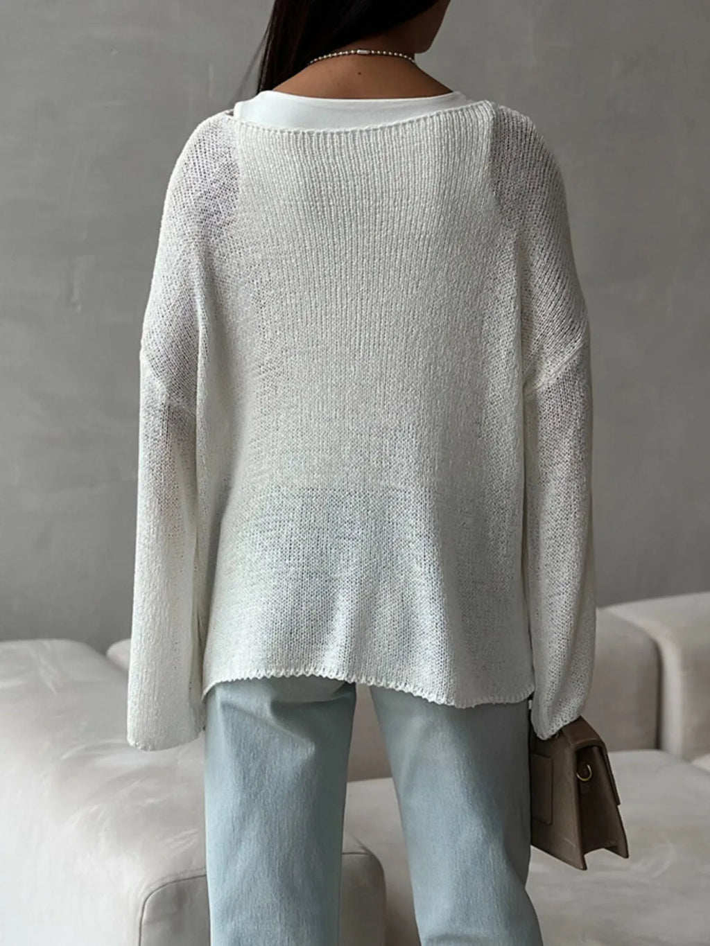 White boat neck knit cover up back view relaxed fit
