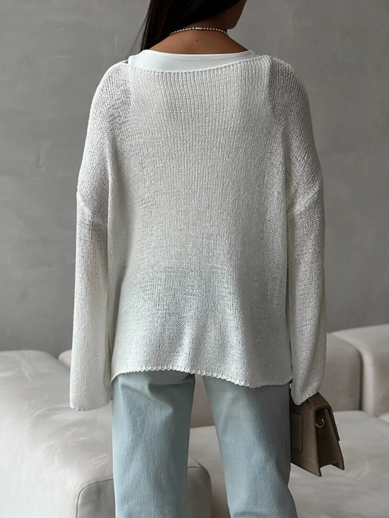 White boat neck knit cover up back view relaxed fit
