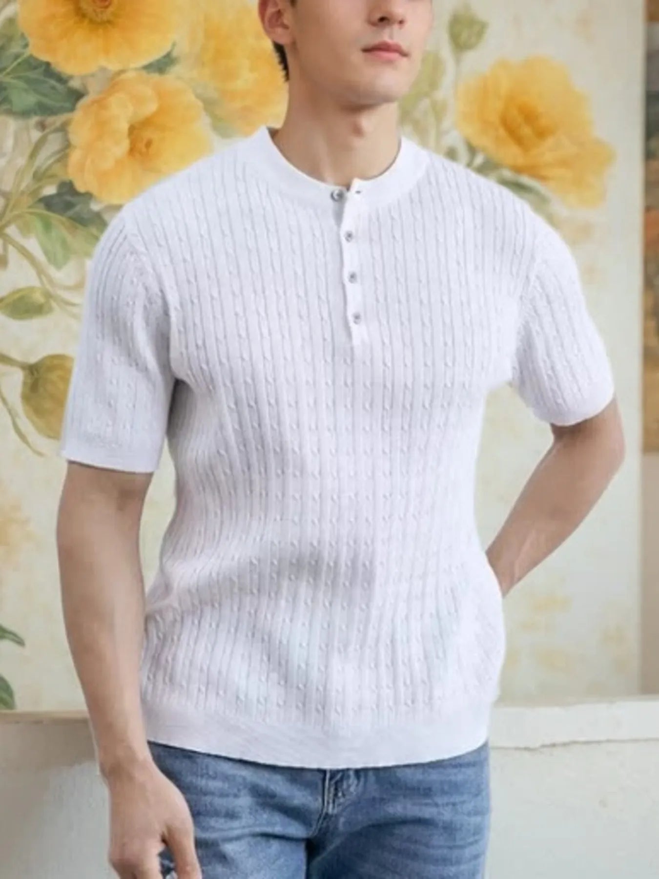 Men's button detail short sleeve top plus size - side view in white 