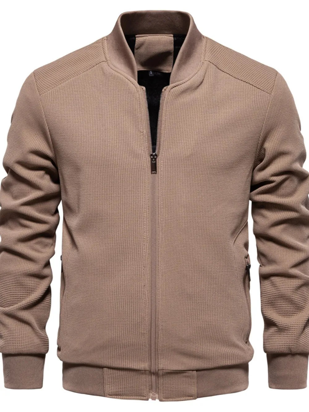 Men's waffle knit baseball collar zip jacket taupe front view
