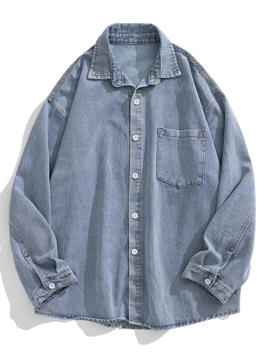 Men's plus size light blue denim long sleeve collared shirt front view flat lay
