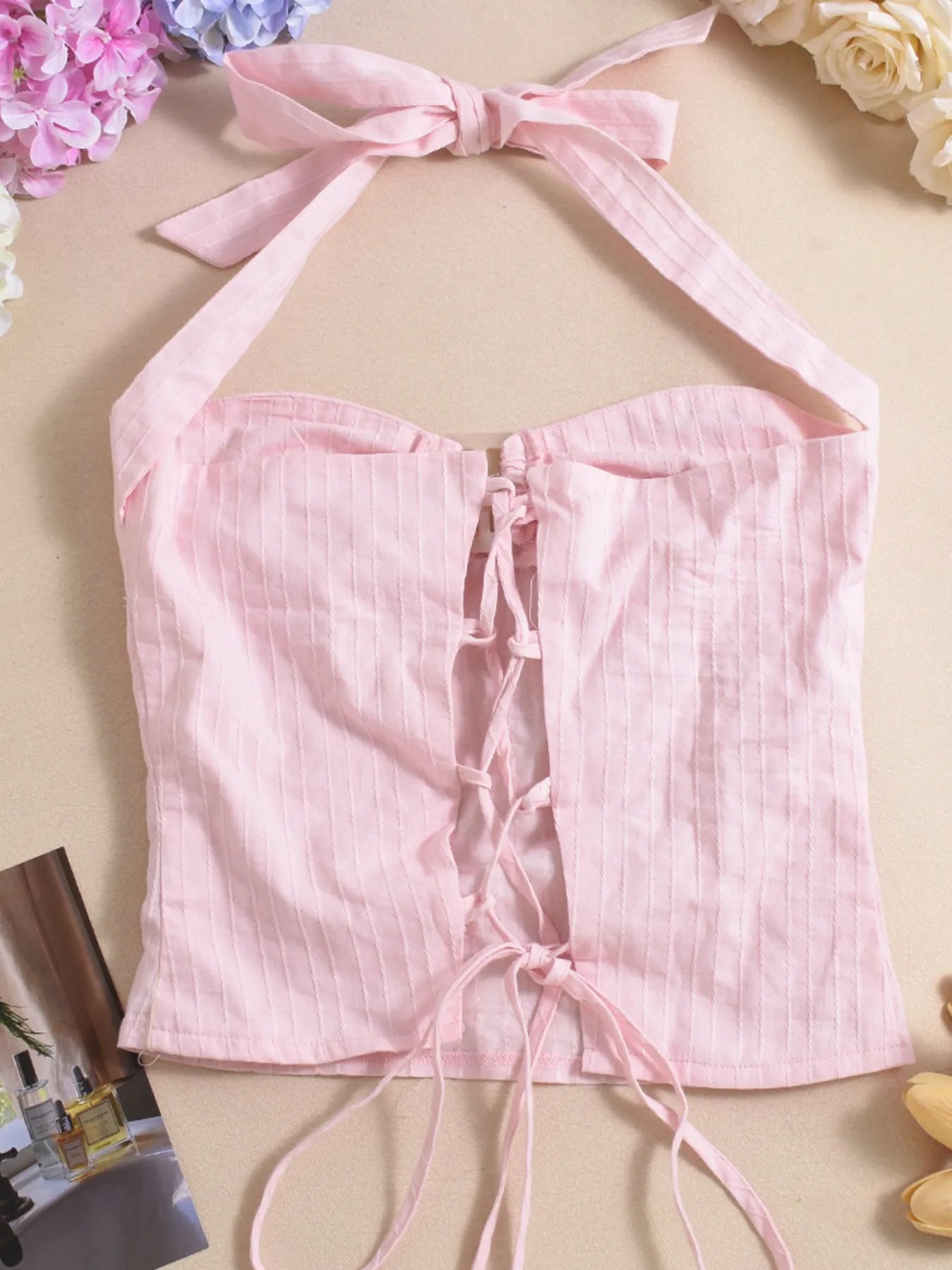 Halter neck cami top blush pink detailed back view product shot
