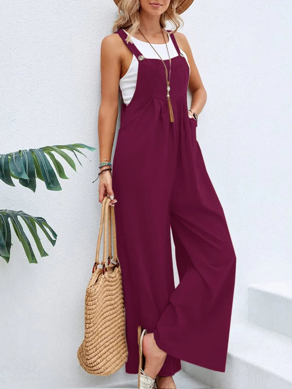 Burgundy square neck wide strap overalls front view
