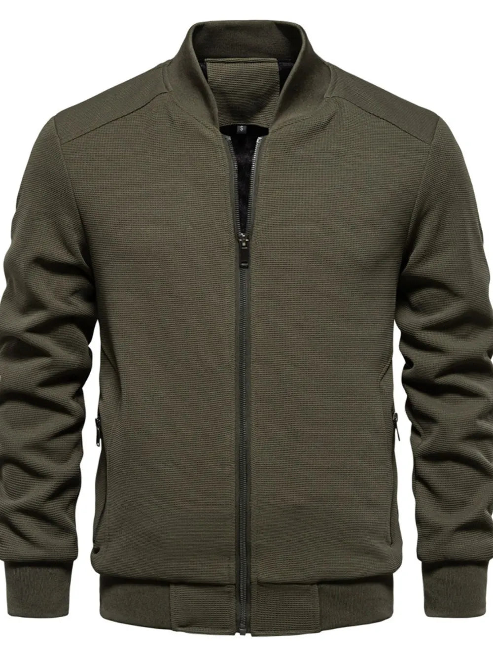 Men's waffle knit baseball collar zip jacket army green front view
