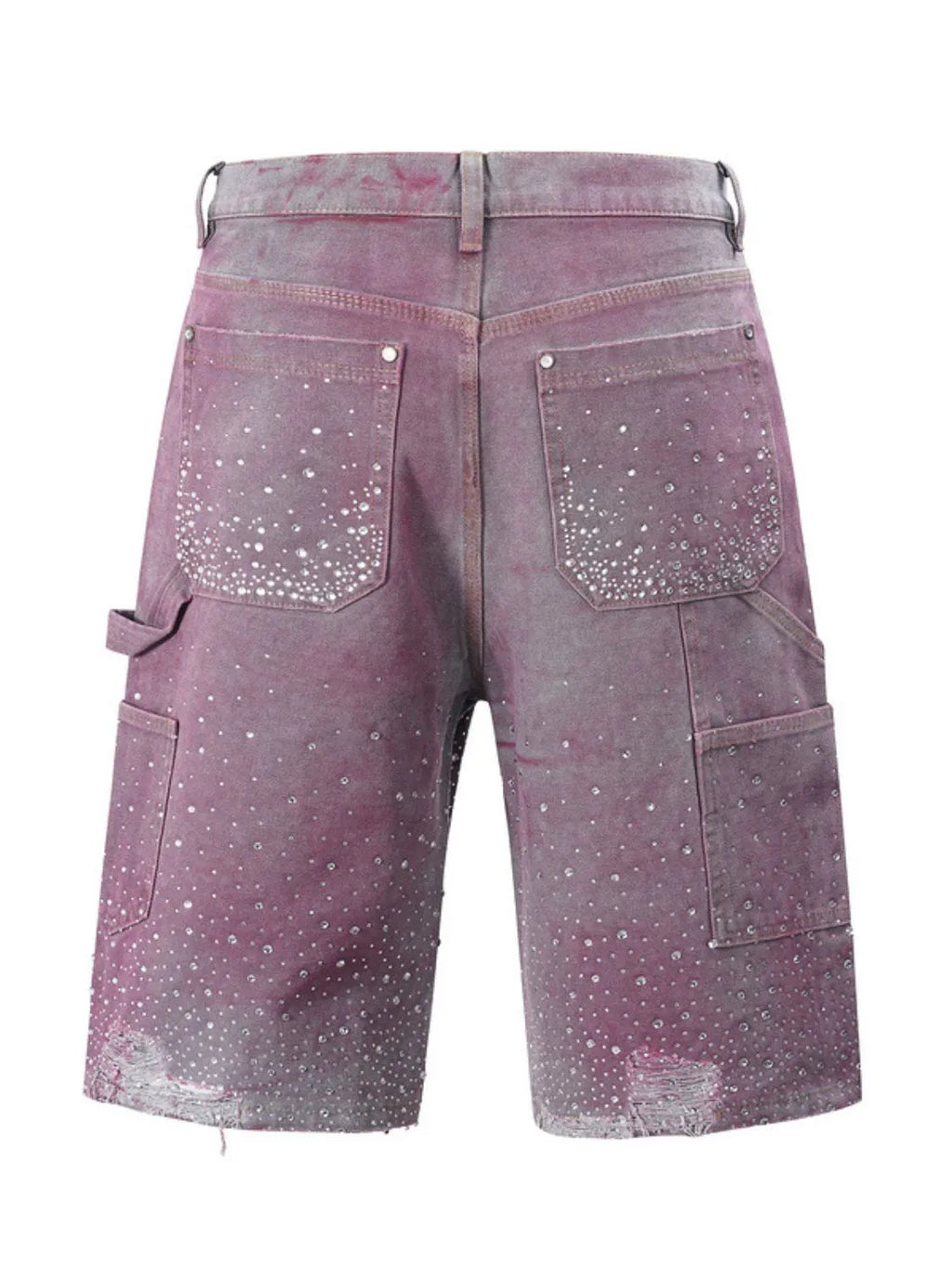 Men's fuchsia pink rhinestone shorts with pockets detailed back view flat lay


