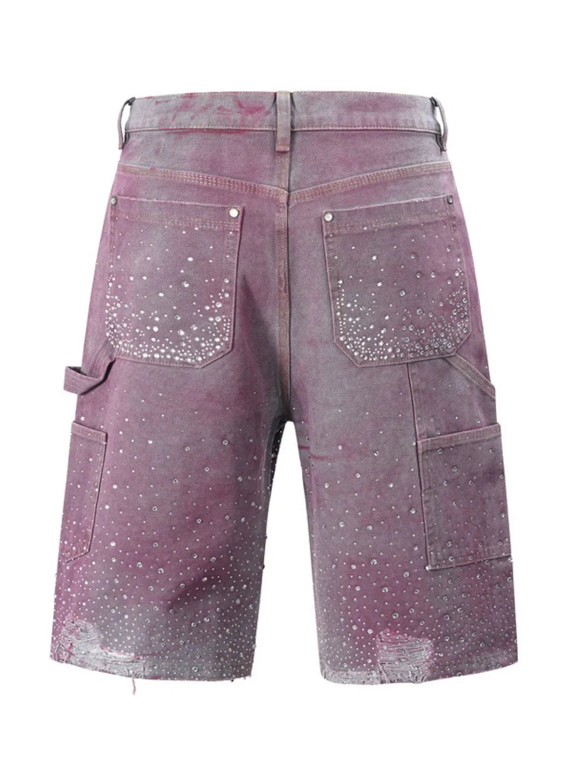 Men's fuchsia pink rhinestone shorts with pockets detailed back view flat lay



