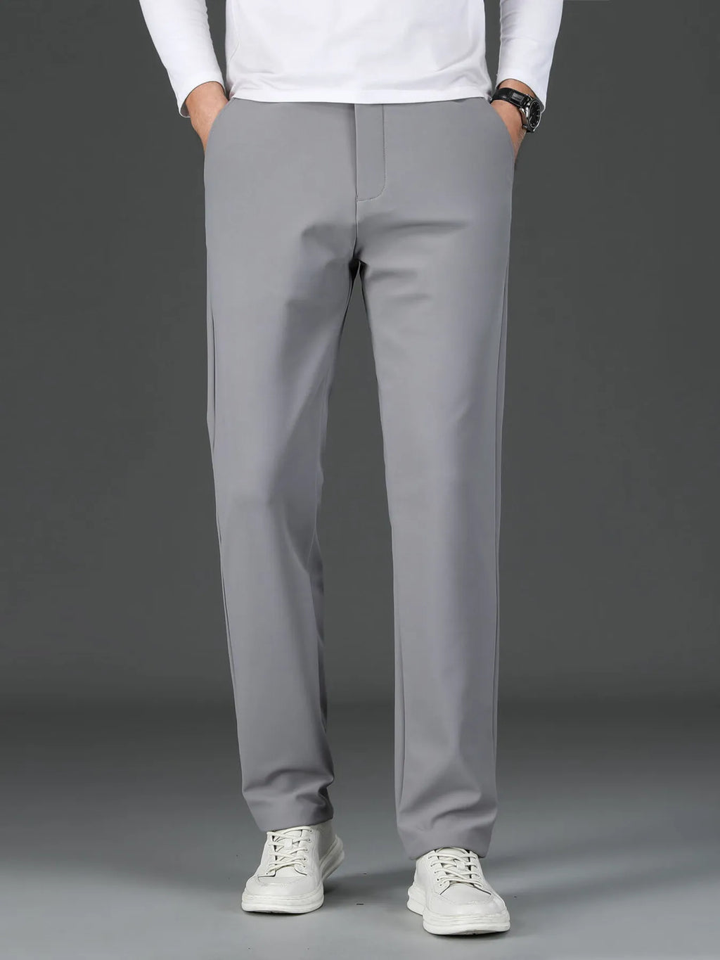 Men's loose fit pants with pockets - Detailed front view in grey

