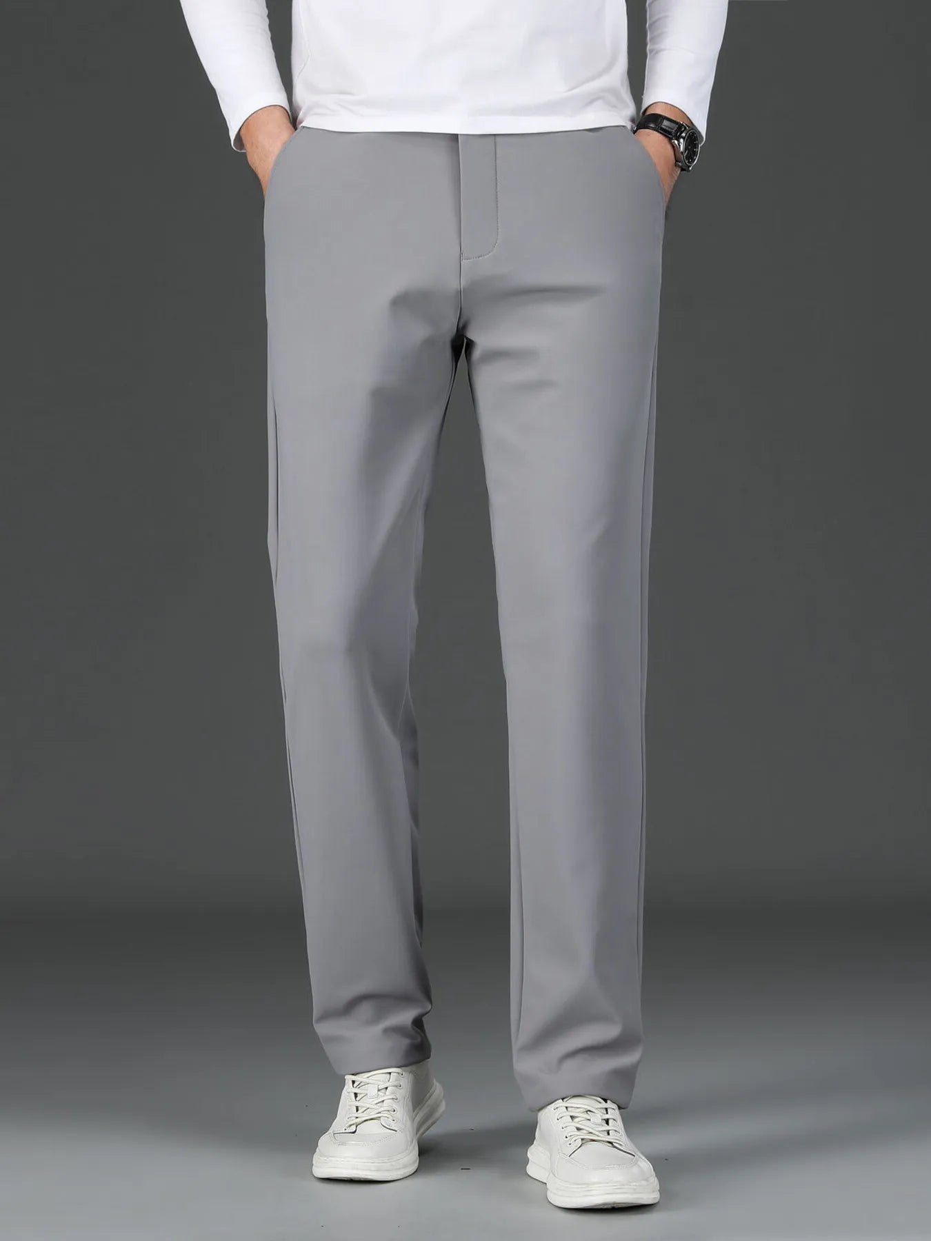Men's loose fit pants with pockets - Detailed front view in grey

