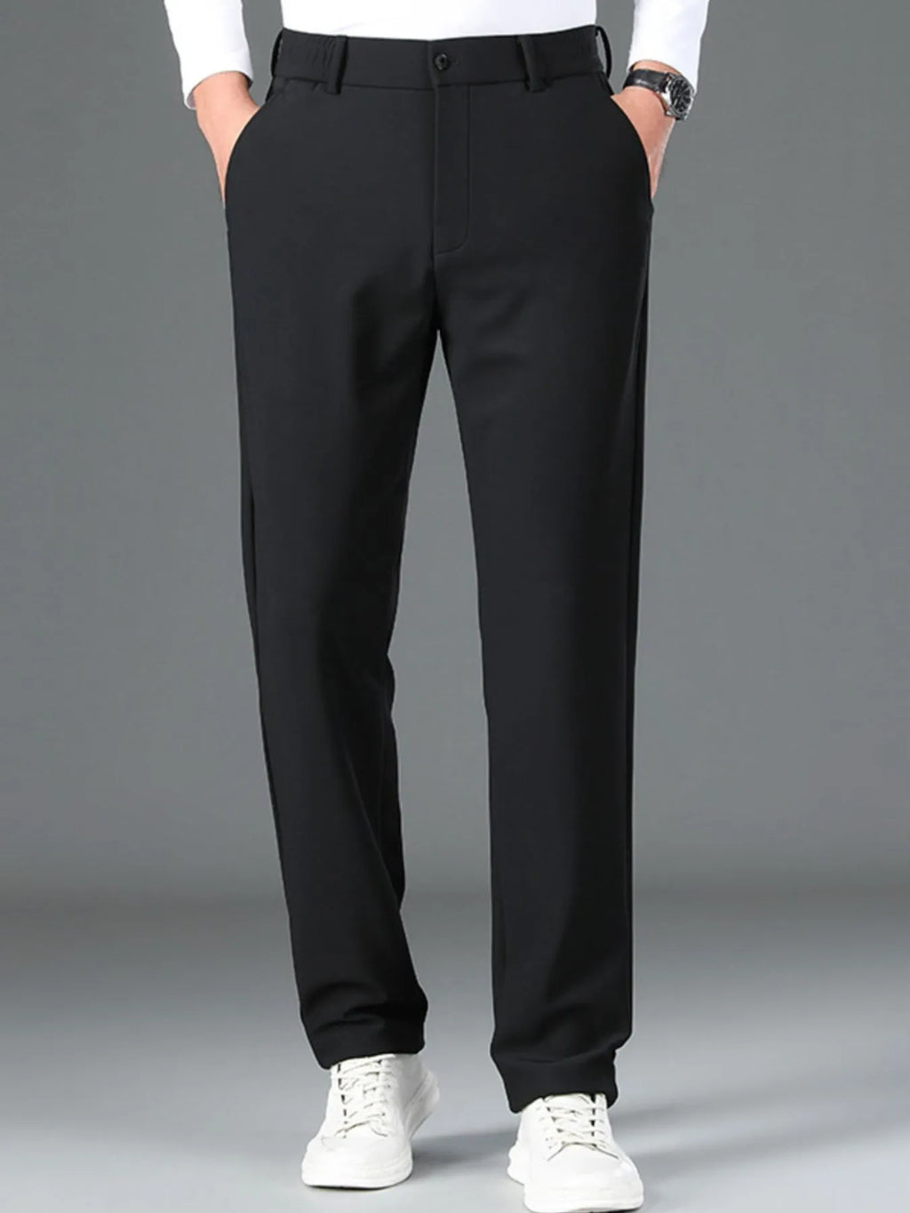 Men's loose fit pants with pockets - front view in black


